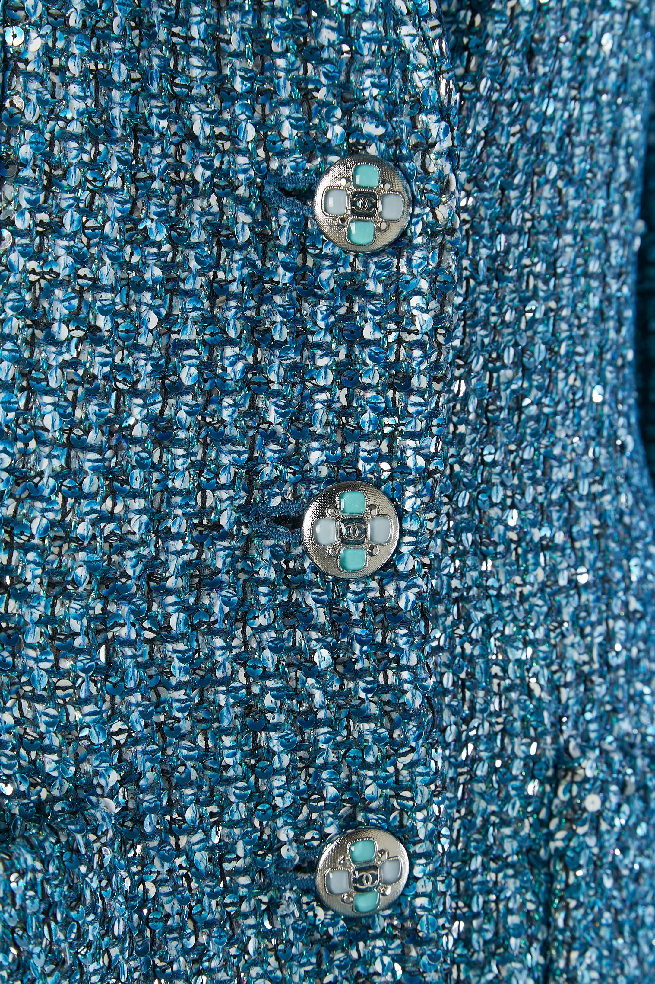 Blue tweed lurex and sequin single breasted coat CHANEL by Virginie Viard In Excellent Condition For Sale In Saint-Ouen-Sur-Seine, FR