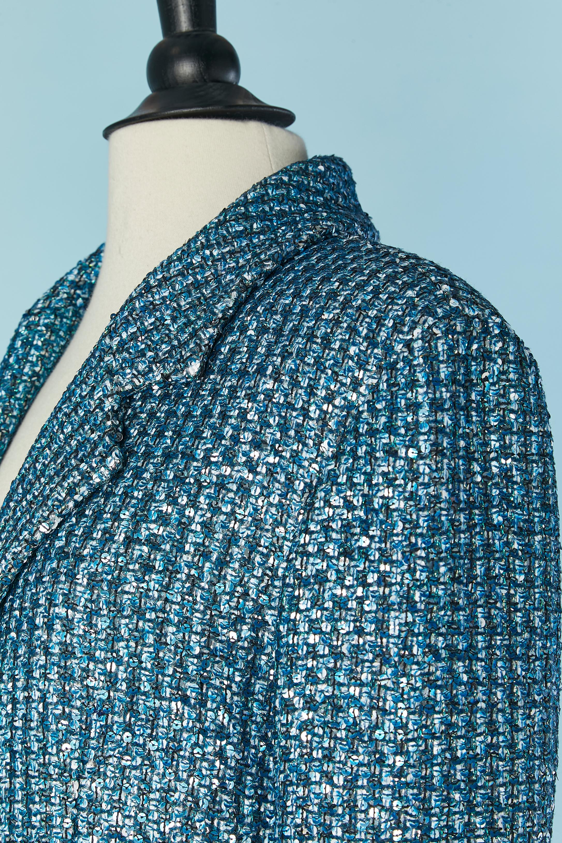 Blue tweed lurex and sequin single breasted coat CHANEL by Virginie Viard For Sale 1