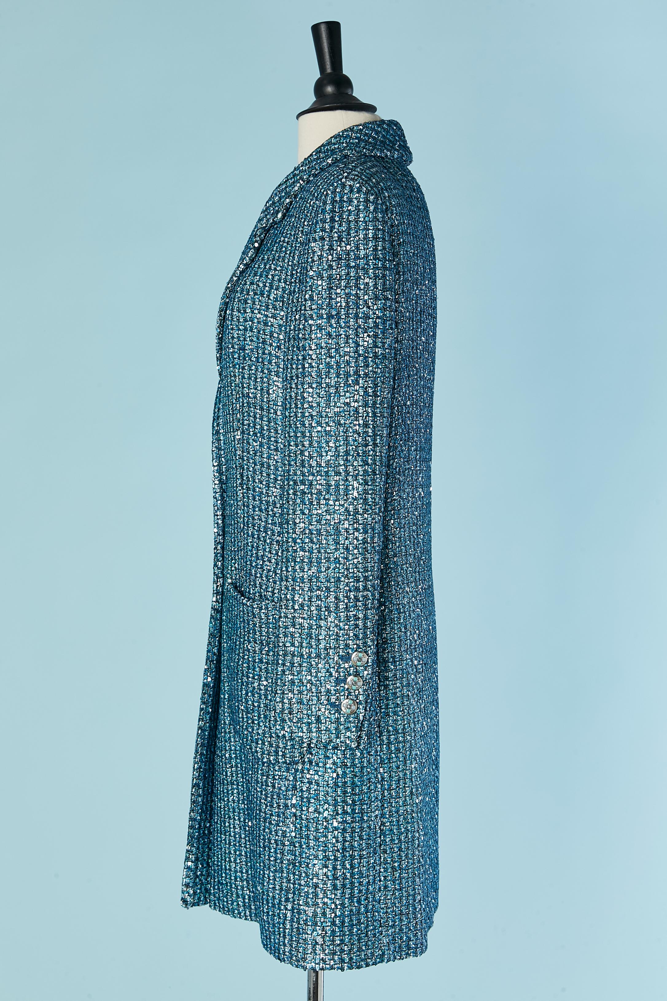 Blue tweed lurex and sequin single breasted coat CHANEL by Virginie Viard For Sale 3
