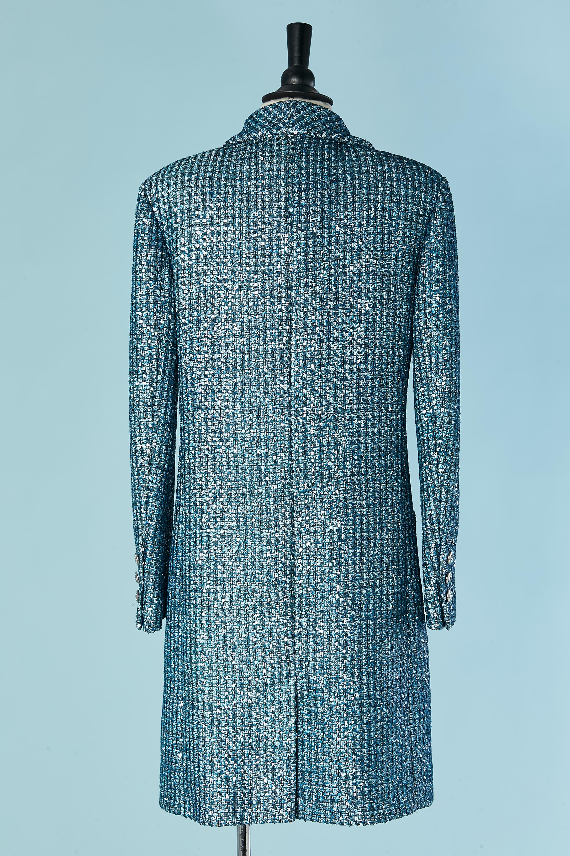 Blue tweed lurex and sequin single breasted coat CHANEL by Virginie Viard For Sale 4