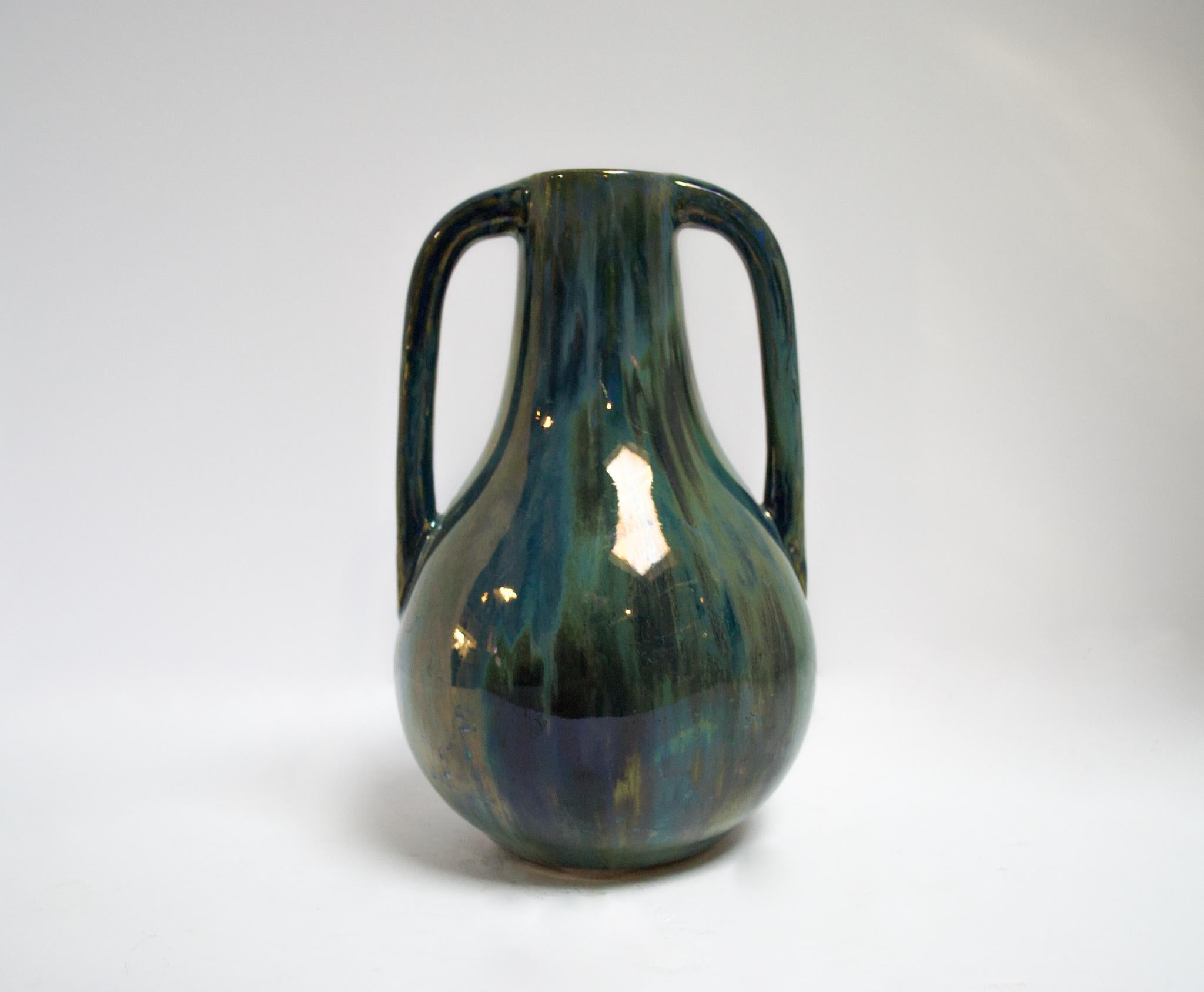 Art Nouveau Blue Two Handled Cytere Luser Vase For Sale