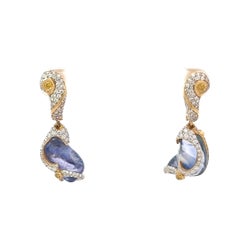 Blue Uncut Sapphire Earrings with White and Yellow Diamonds in 18K Yellow Gold