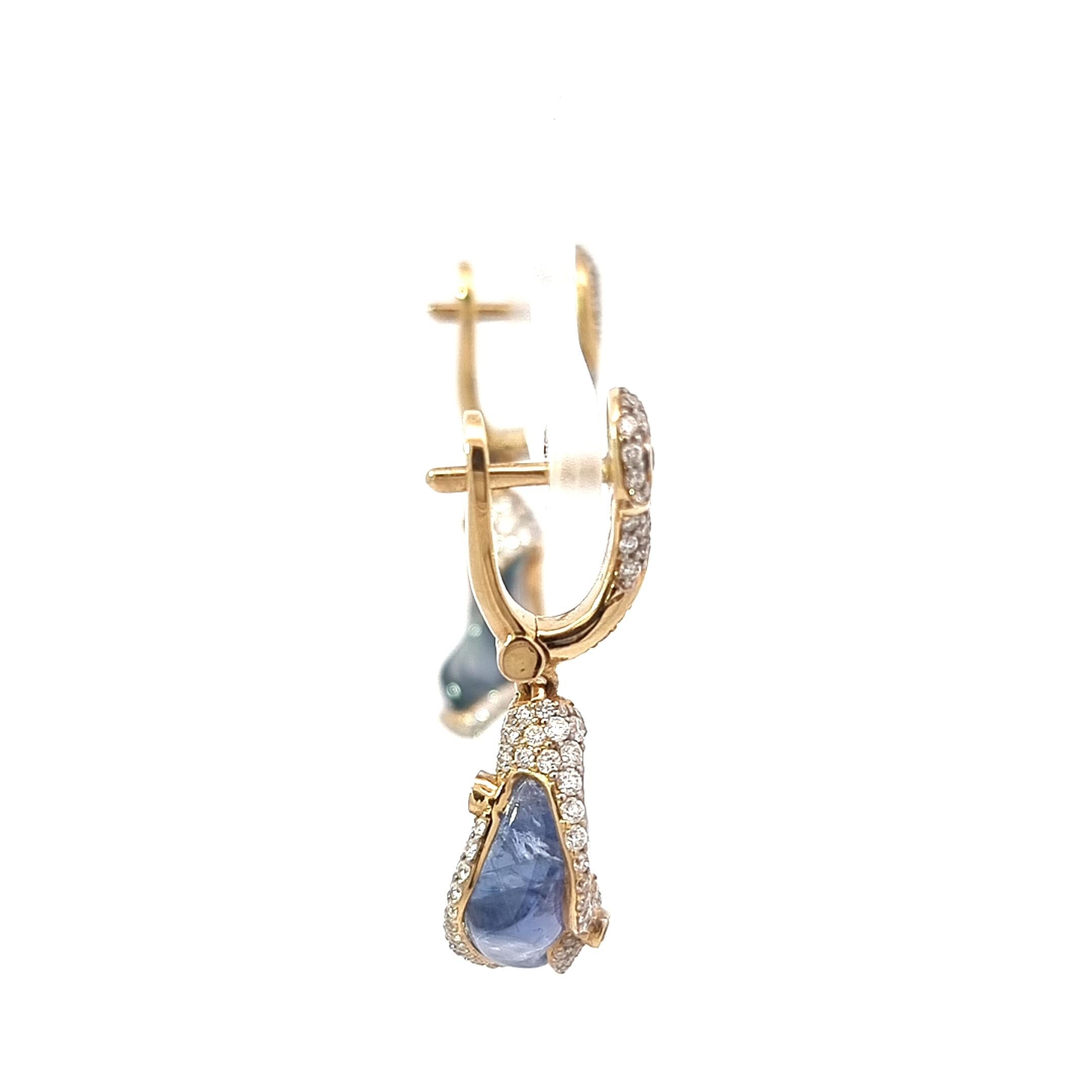 Women's Blue Uncut Sapphire Earrings with White and Yellow Diamonds in 18K Yellow Gold For Sale