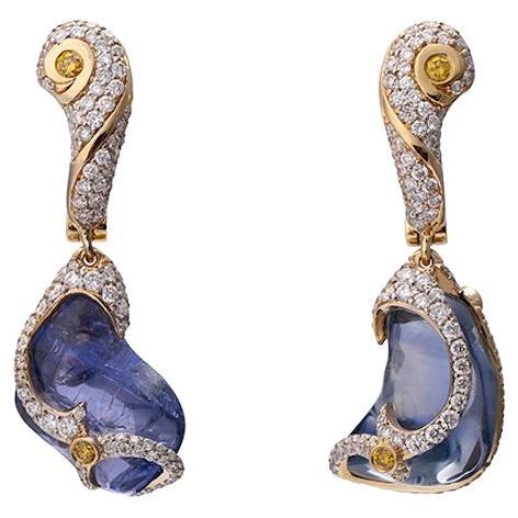 Blue Uncut Sapphire Earrings with White and Yellow Diamonds in 18K Yellow Gold For Sale