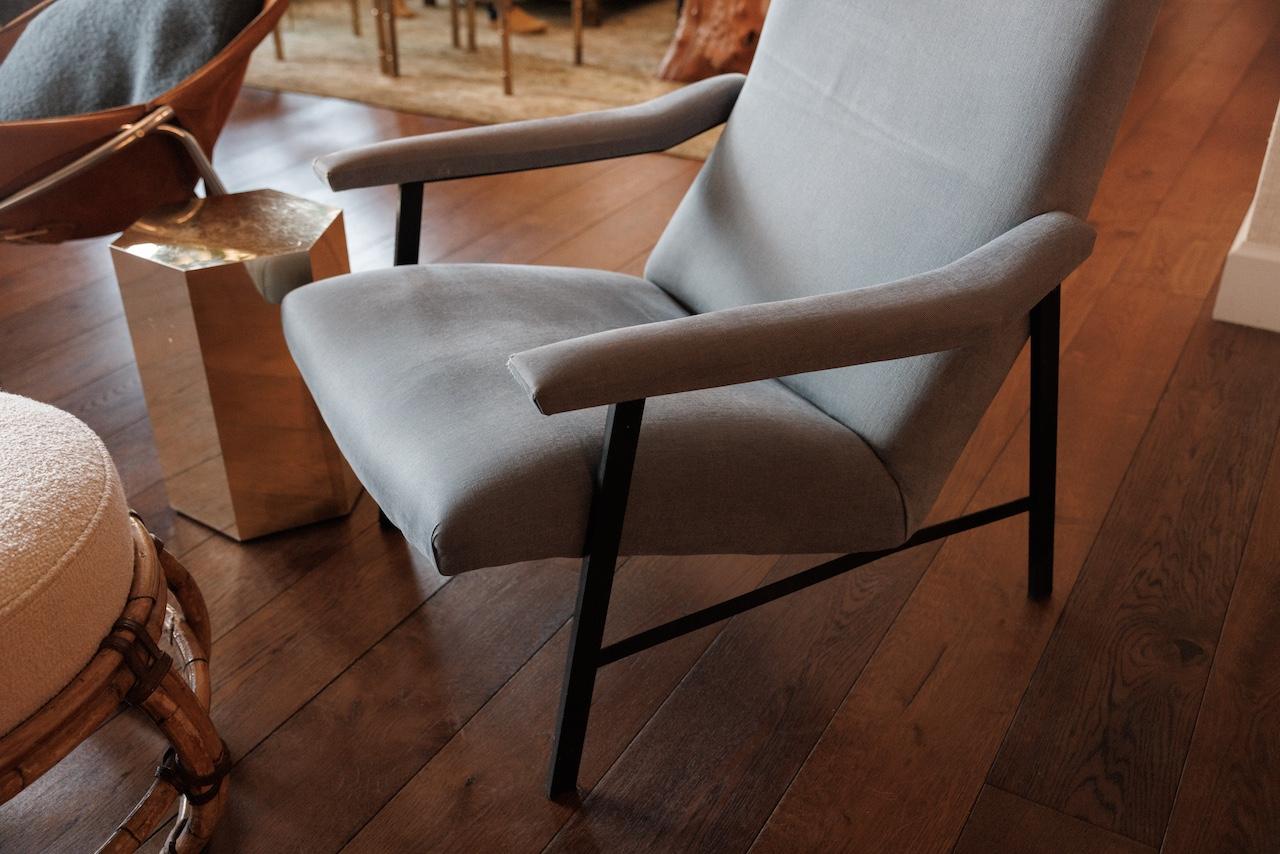 Blue Upholstered Armchair w/ Metal Frame, from ANDY COHEN'S Personal Collection In Fair Condition In Long Island City, NY