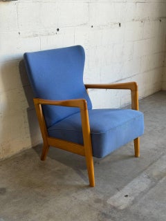 Blue Upholstered Beechwood Lounge Chair Danish Mid-Century Modern 1960s