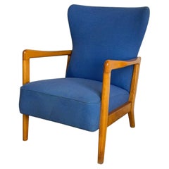Blue Upholstered Beechwood Lounge Chair Danish Mid-Century Modern 1960s