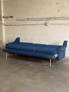Blue Upholstered Convertible Sofa Daybed 3-Seat Couch Mid-Century Modern 1970s