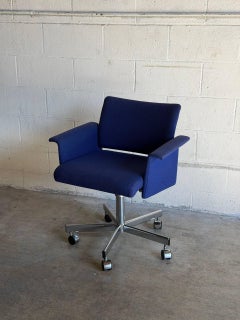 Blue Upholstered Swivel Office Chair with Metal Base Mid-Century Modern 1970s