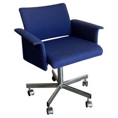 Blue Upholstered Swivel Office Chair with Metal Base Mid-Century Modern 1970s