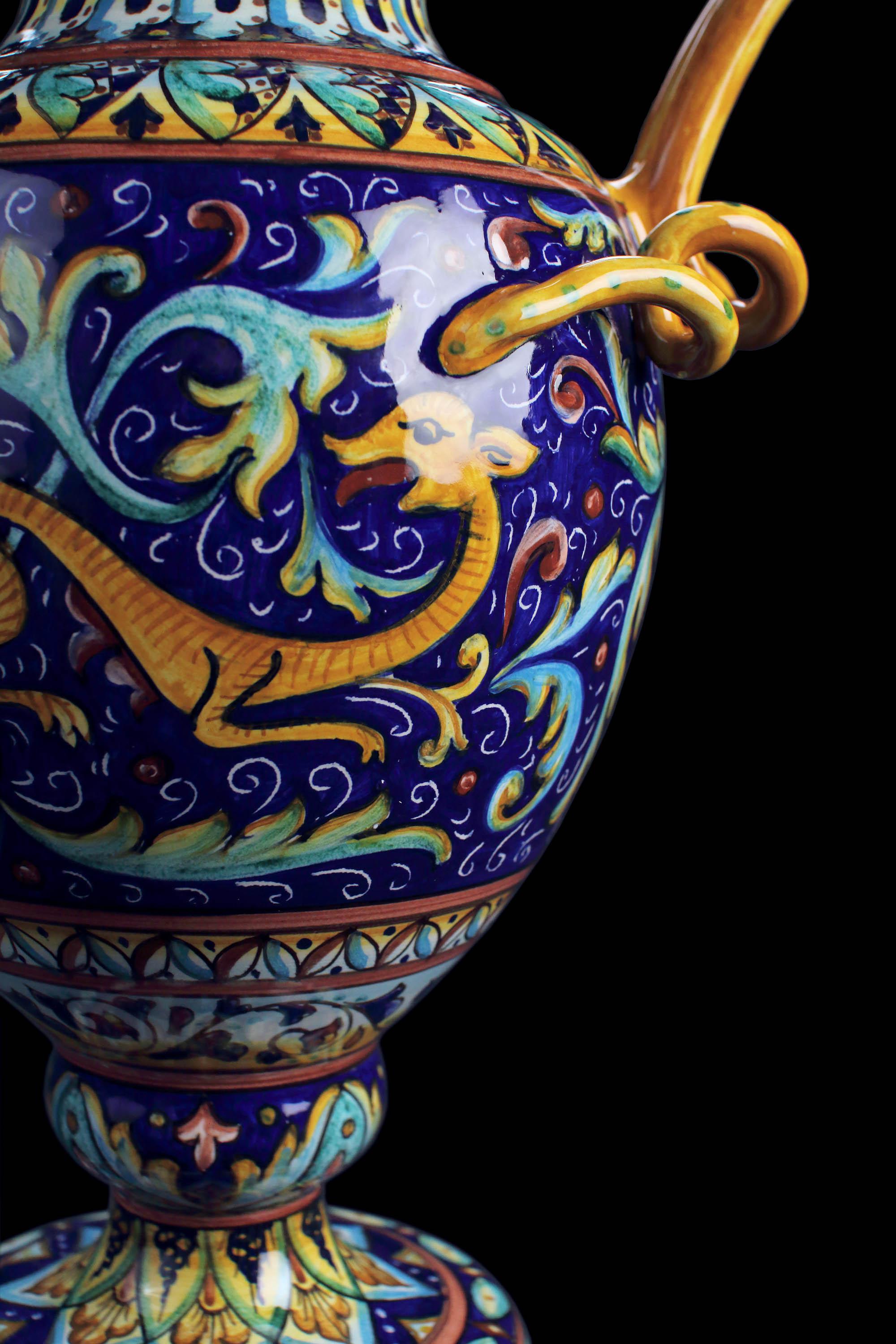 Italian Blue Vase Amphora Vessel Hand Painted Ornament Handles Renaissance Style Deruta  For Sale