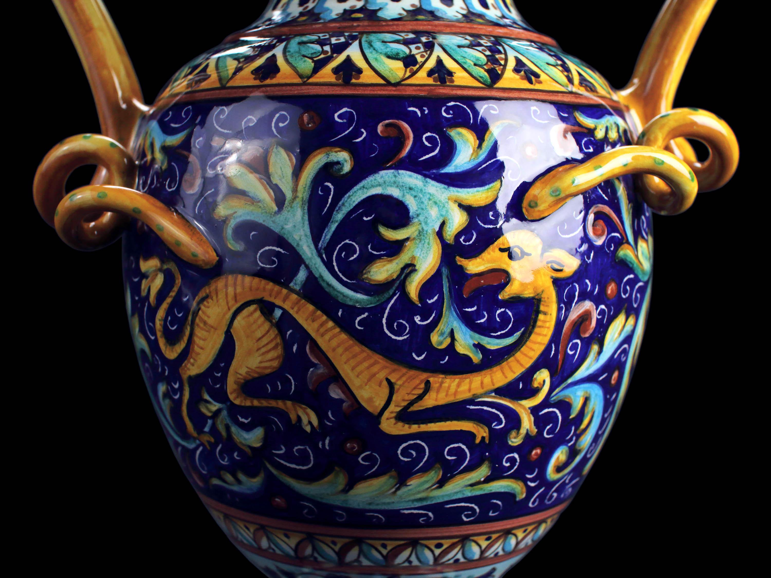Hand-Carved Blue Vase Amphora Vessel Hand Painted Ornament Handles Renaissance Style Deruta  For Sale