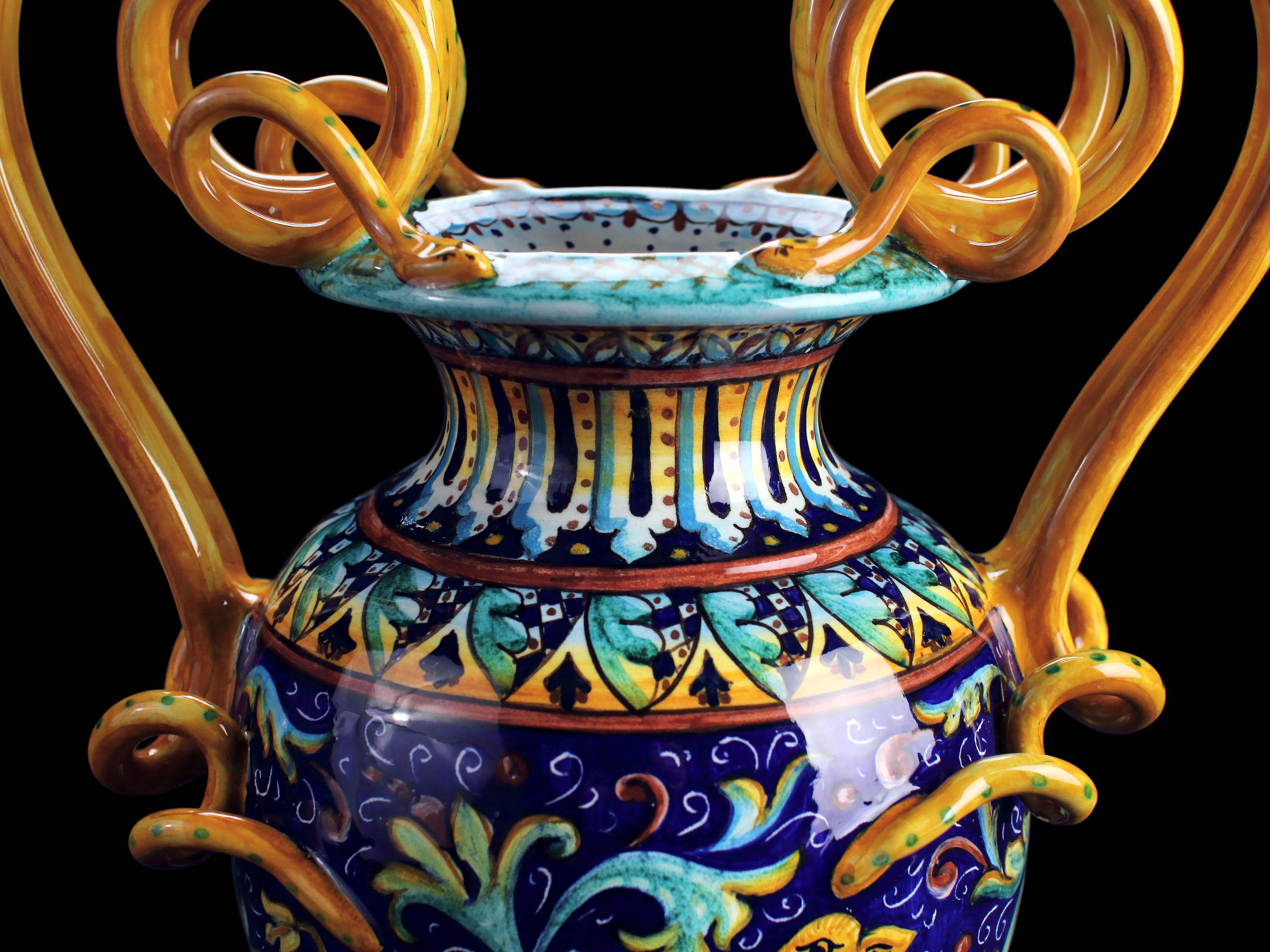 Italian Blue Vase Amphora Vessel Hand Painted Ornament Handles Renaissance Style Deruta  For Sale