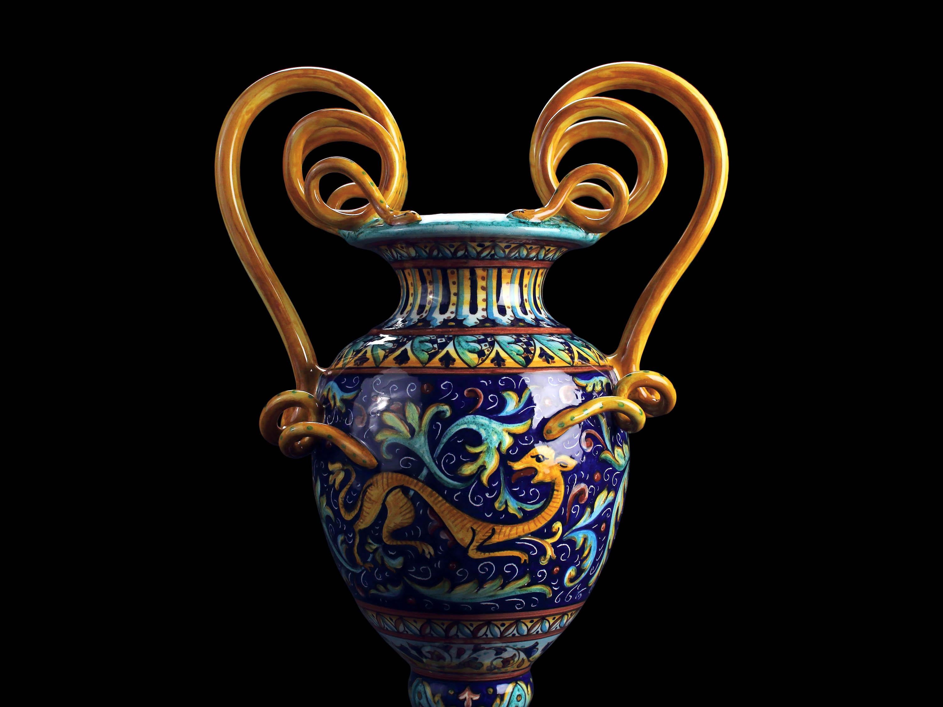 Contemporary Blue Vase Amphora Vessel Hand Painted Ornament Handles Renaissance Style Deruta  For Sale