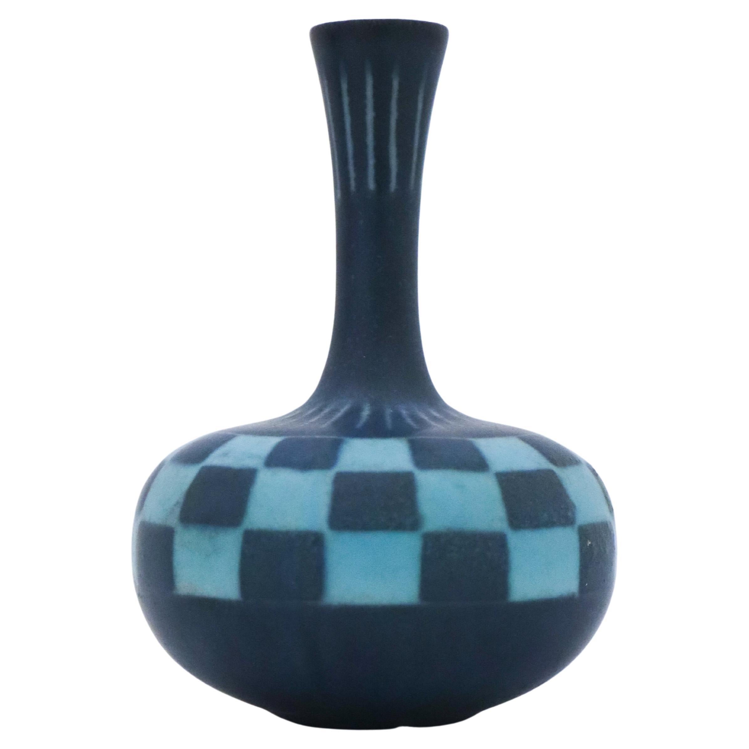Blue Vase Checked Pattern Gunnar Nylund, Rörstrand, 1950s Mid Century Vintage