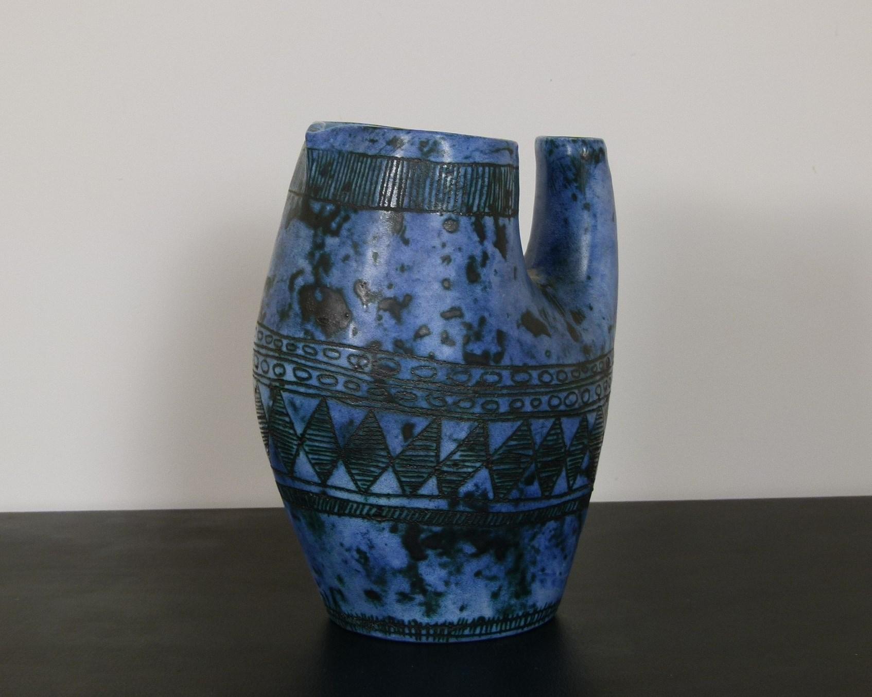 Blue ceramic vase-pitcher,
French work by Jacques Blin.
Perfect original condition.