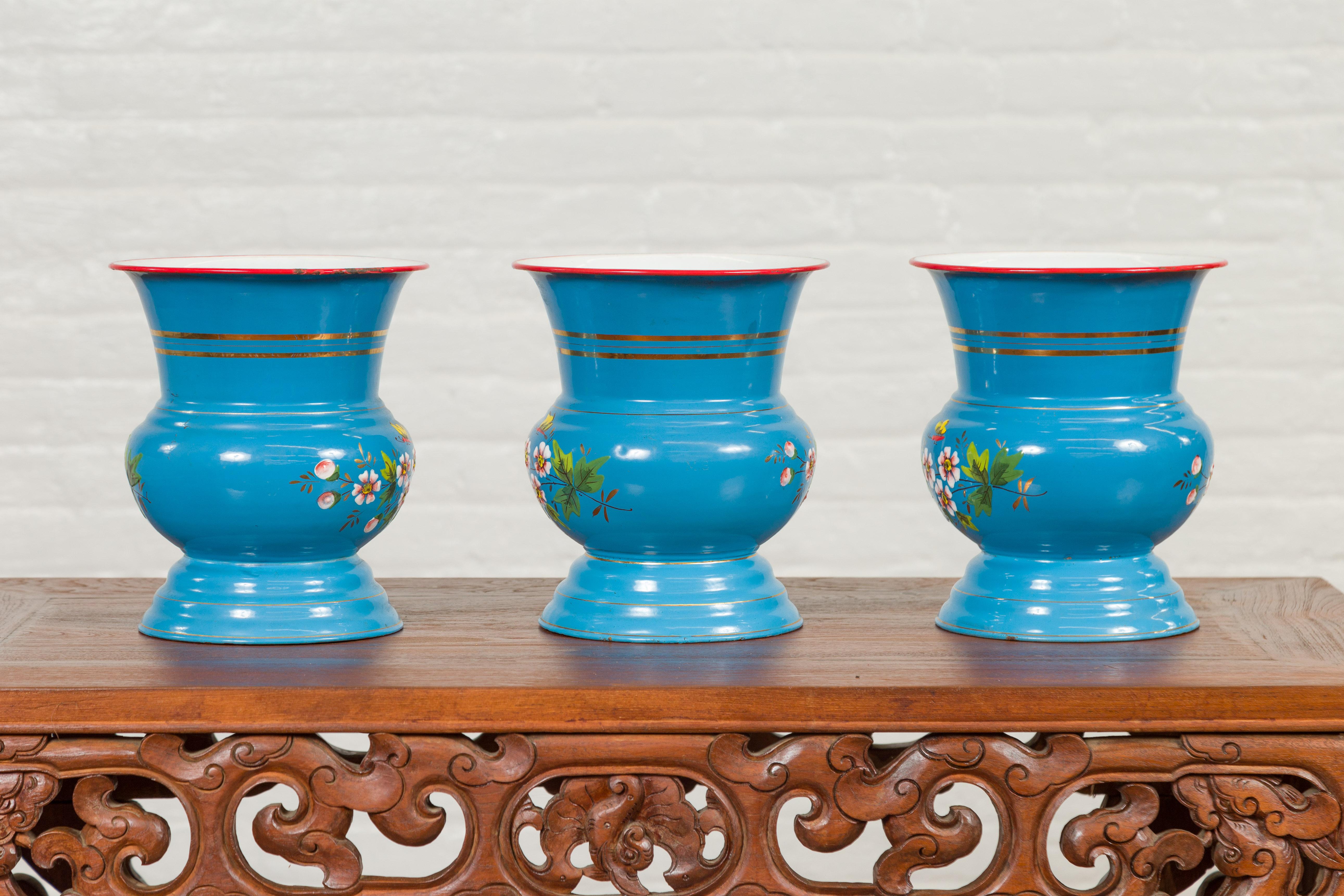 Blue Vases with Painted Floral and Butterfly Decor and Metal from Czechoslovakia For Sale 6