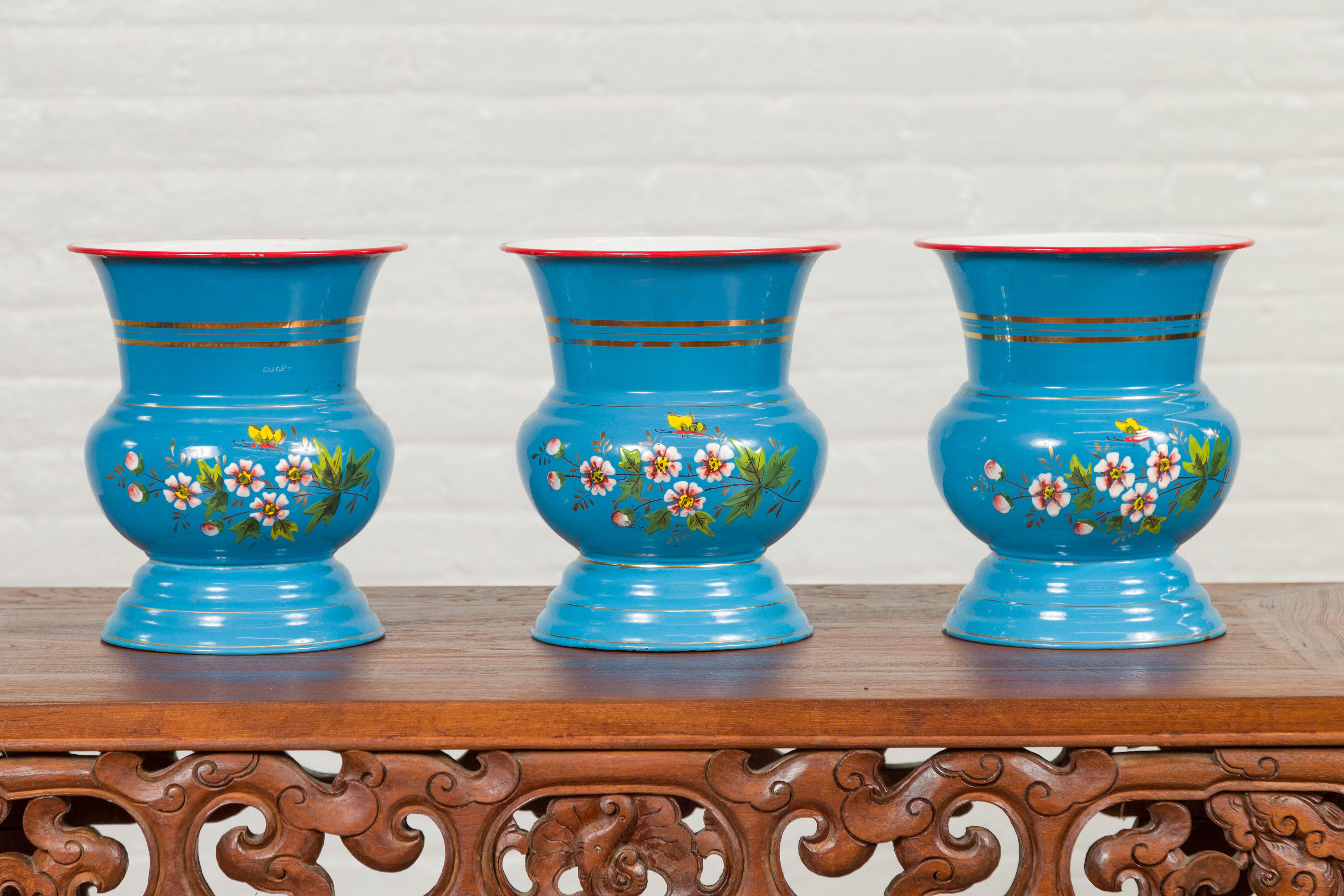 Blue Vases with Painted Floral and Butterfly Decor and Metal from Czechoslovakia For Sale 7