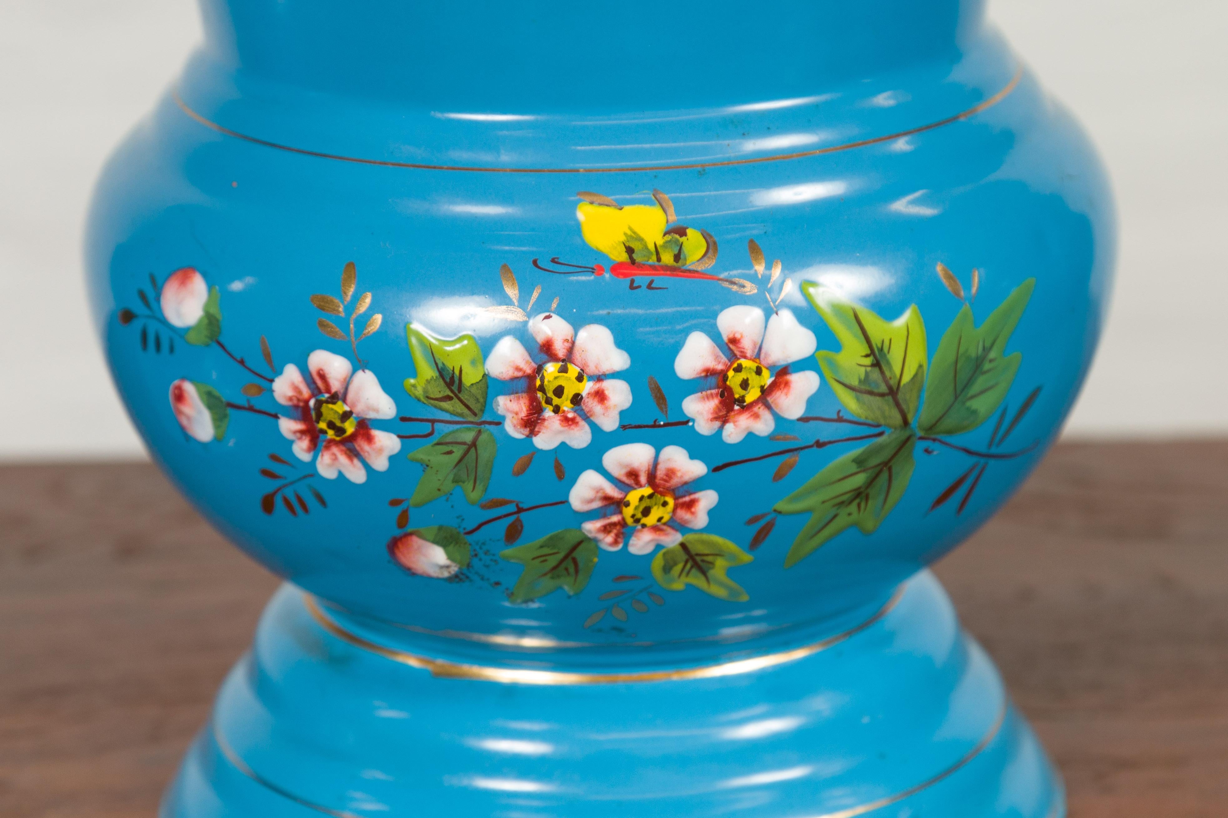 Blue Vases with Painted Floral and Butterfly Decor and Metal from Czechoslovakia For Sale 8
