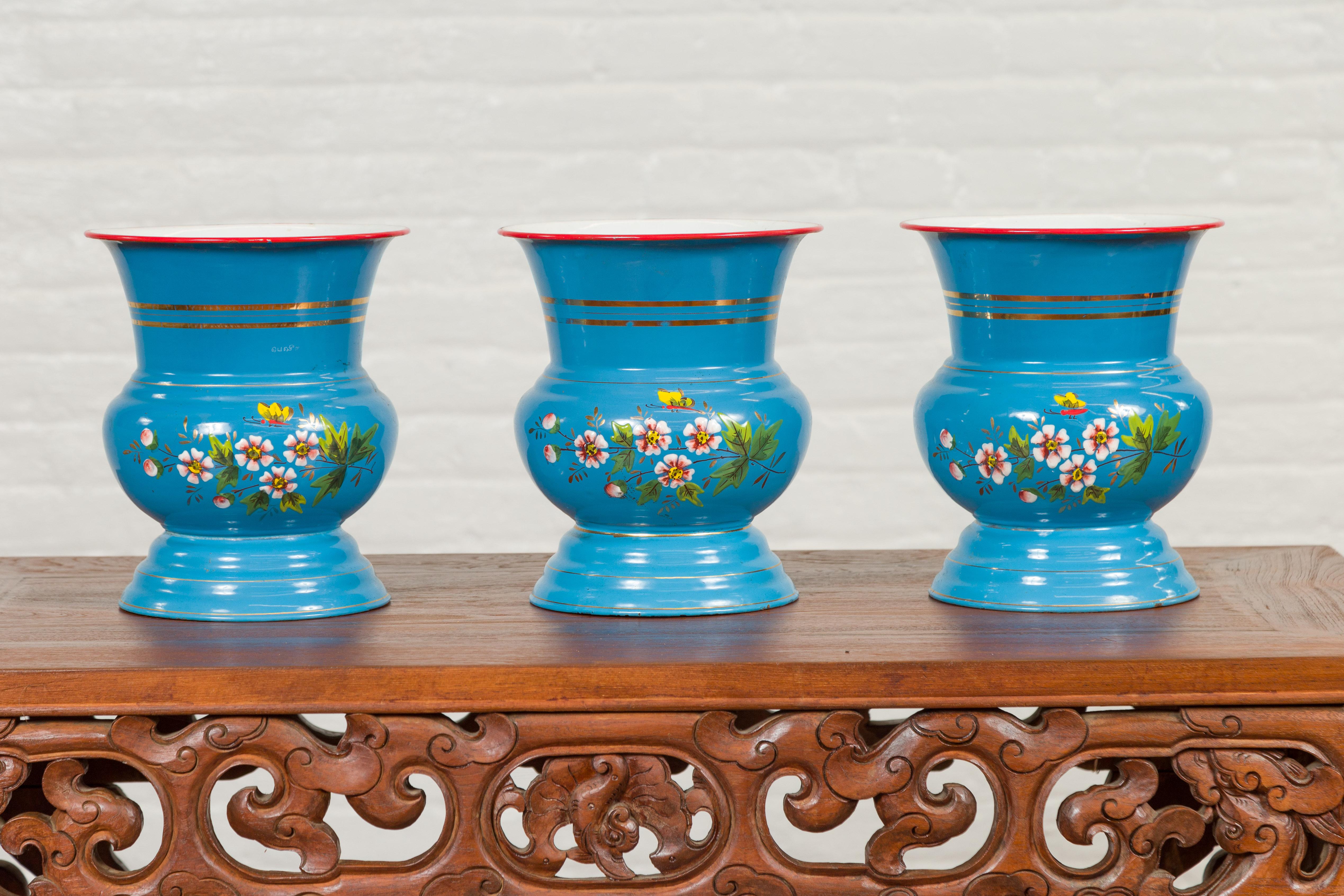 Blue Vases with Painted Floral and Butterfly Decor and Metal from Czechoslovakia For Sale 9