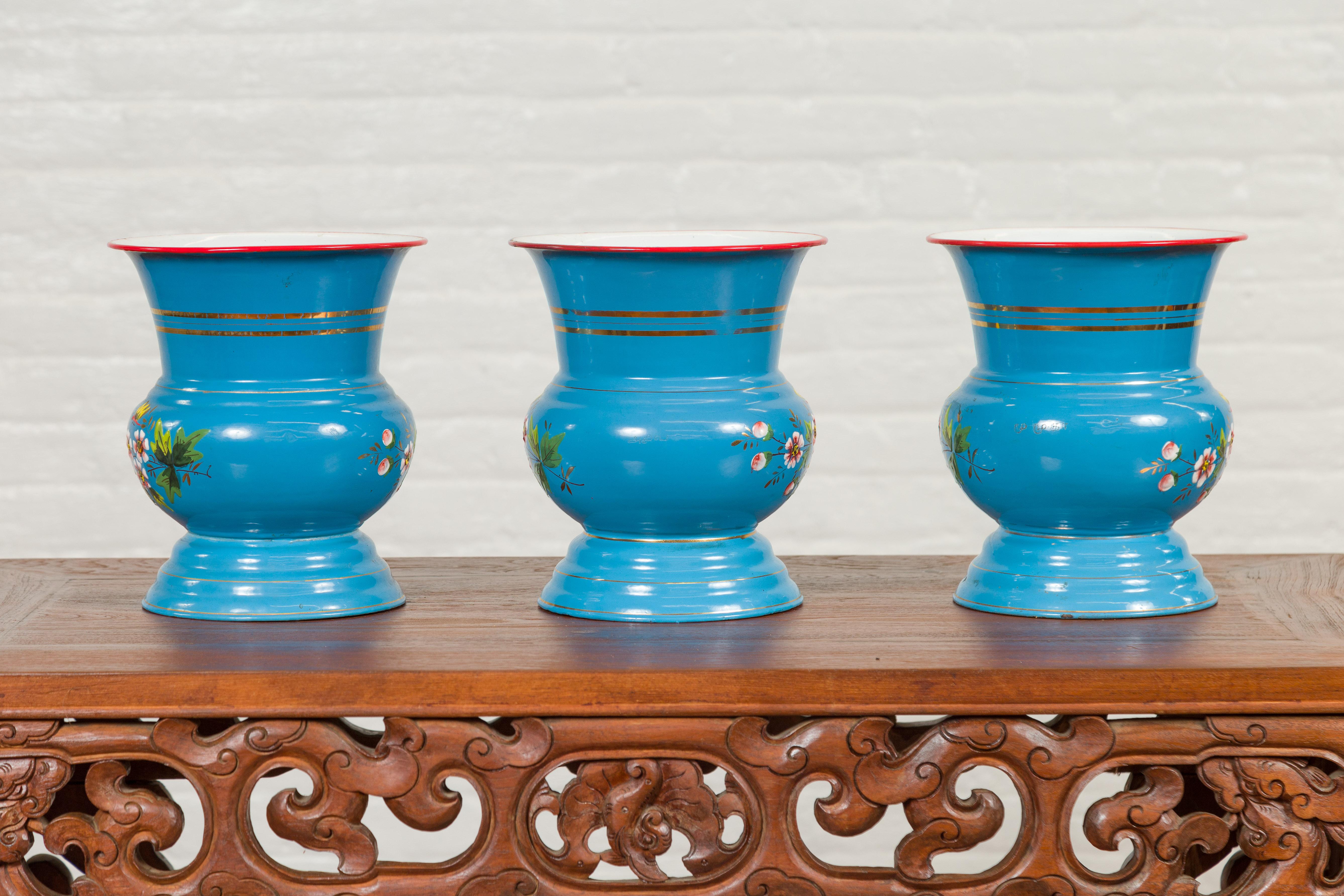 Blue Vases with Painted Floral and Butterfly Decor and Metal from Czechoslovakia For Sale 10