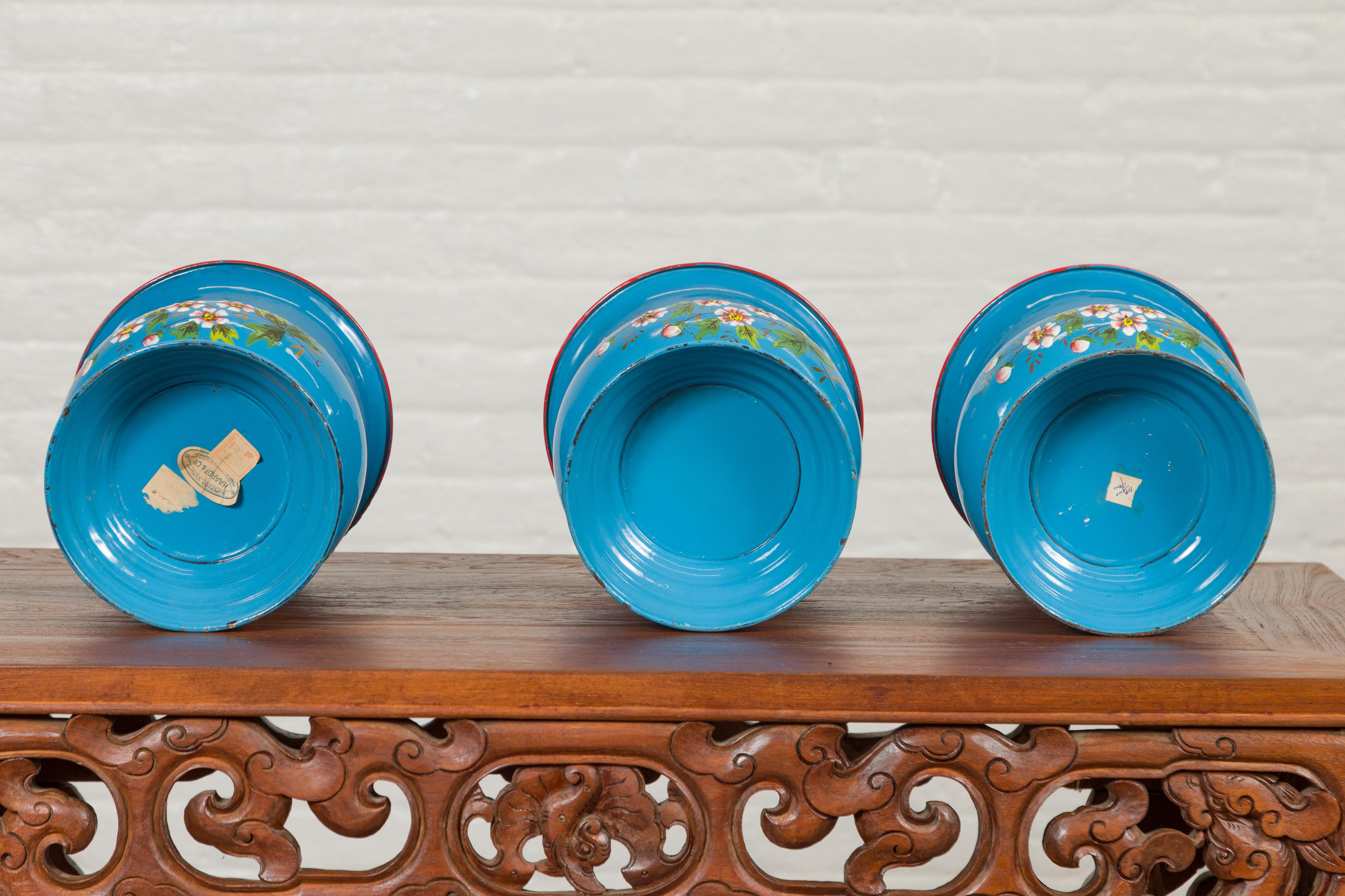 Blue Vases with Painted Floral and Butterfly Decor and Metal from Czechoslovakia For Sale 11