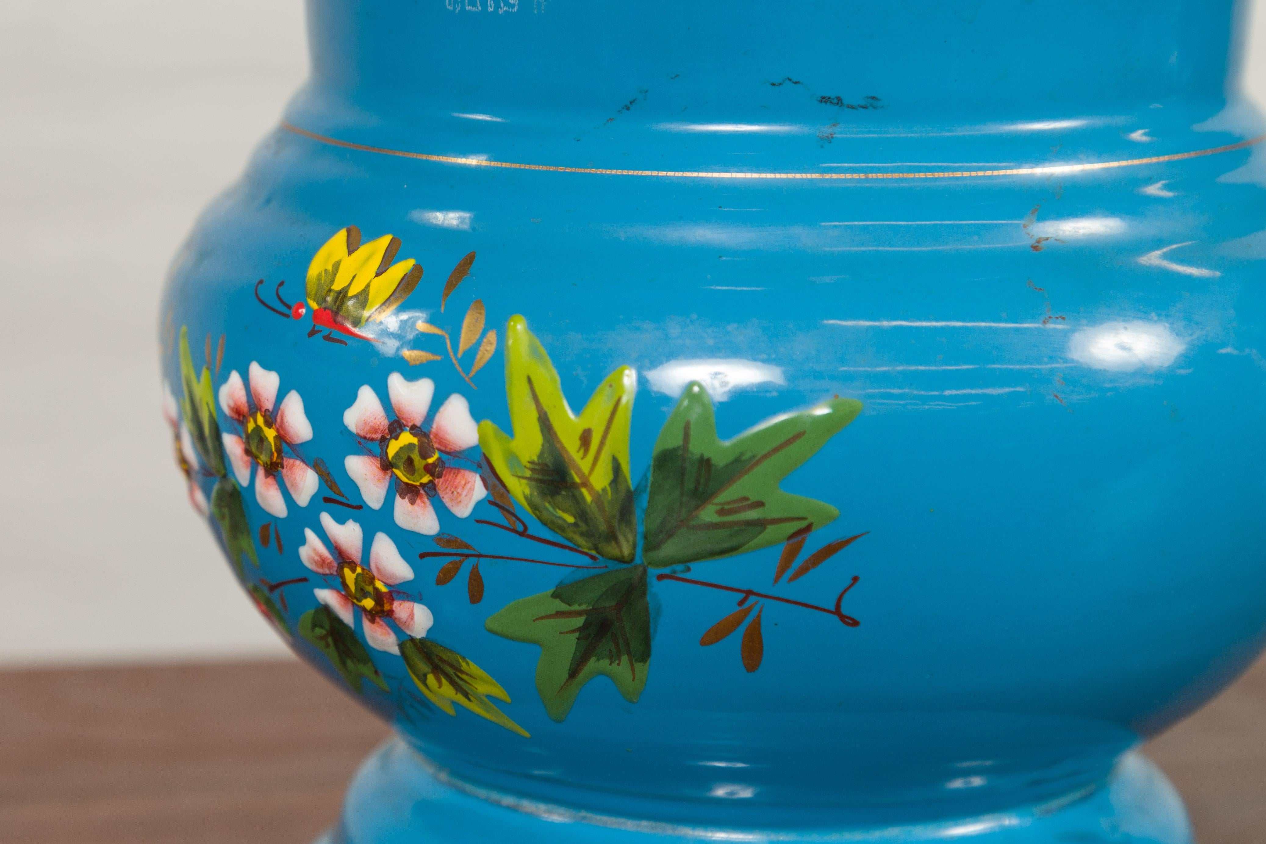 Blue Vases with Painted Floral and Butterfly Decor and Metal from Czechoslovakia For Sale 12