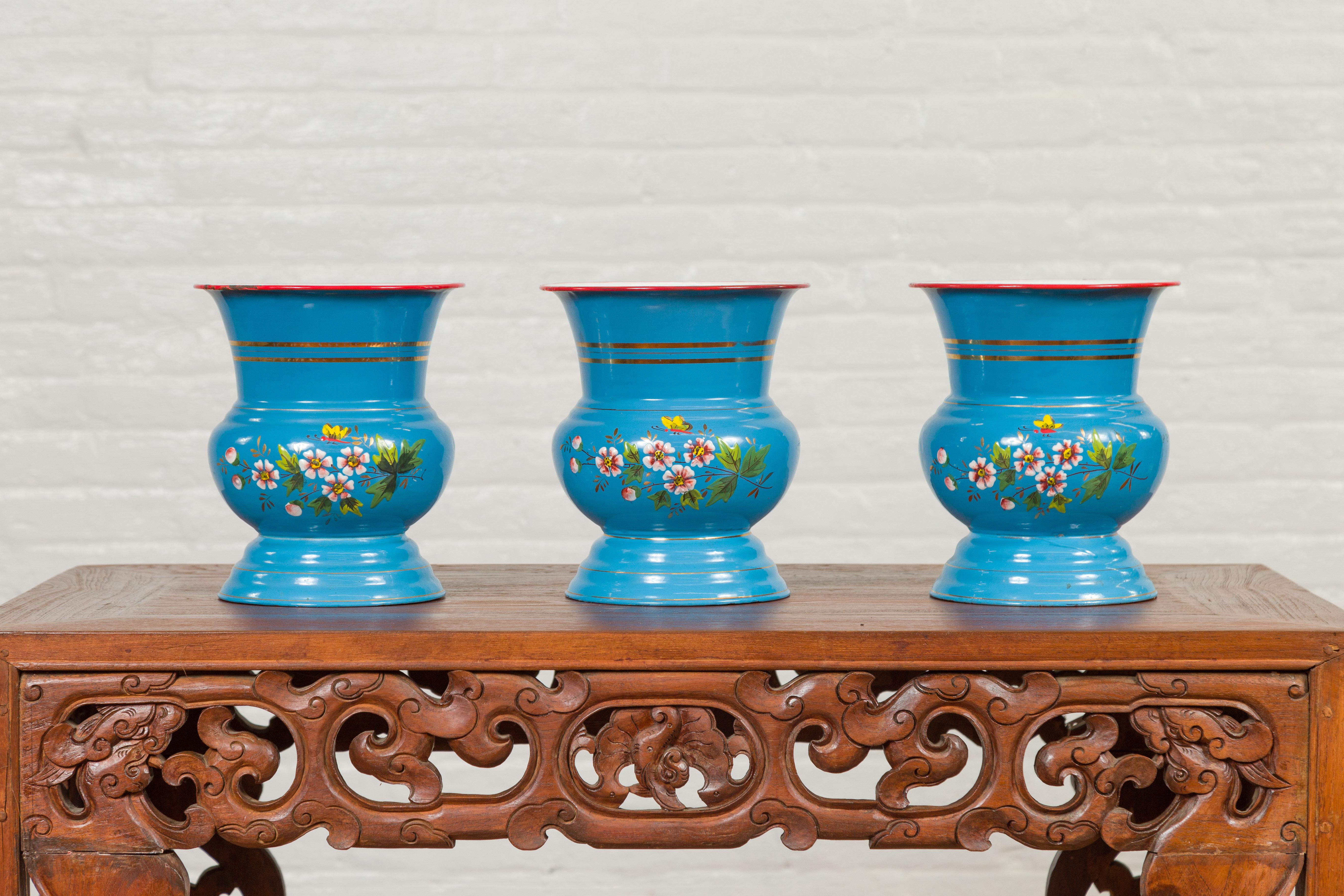 Blue Vases with Painted Floral and Butterfly Decor and Metal from Czechoslovakia In Good Condition For Sale In Yonkers, NY