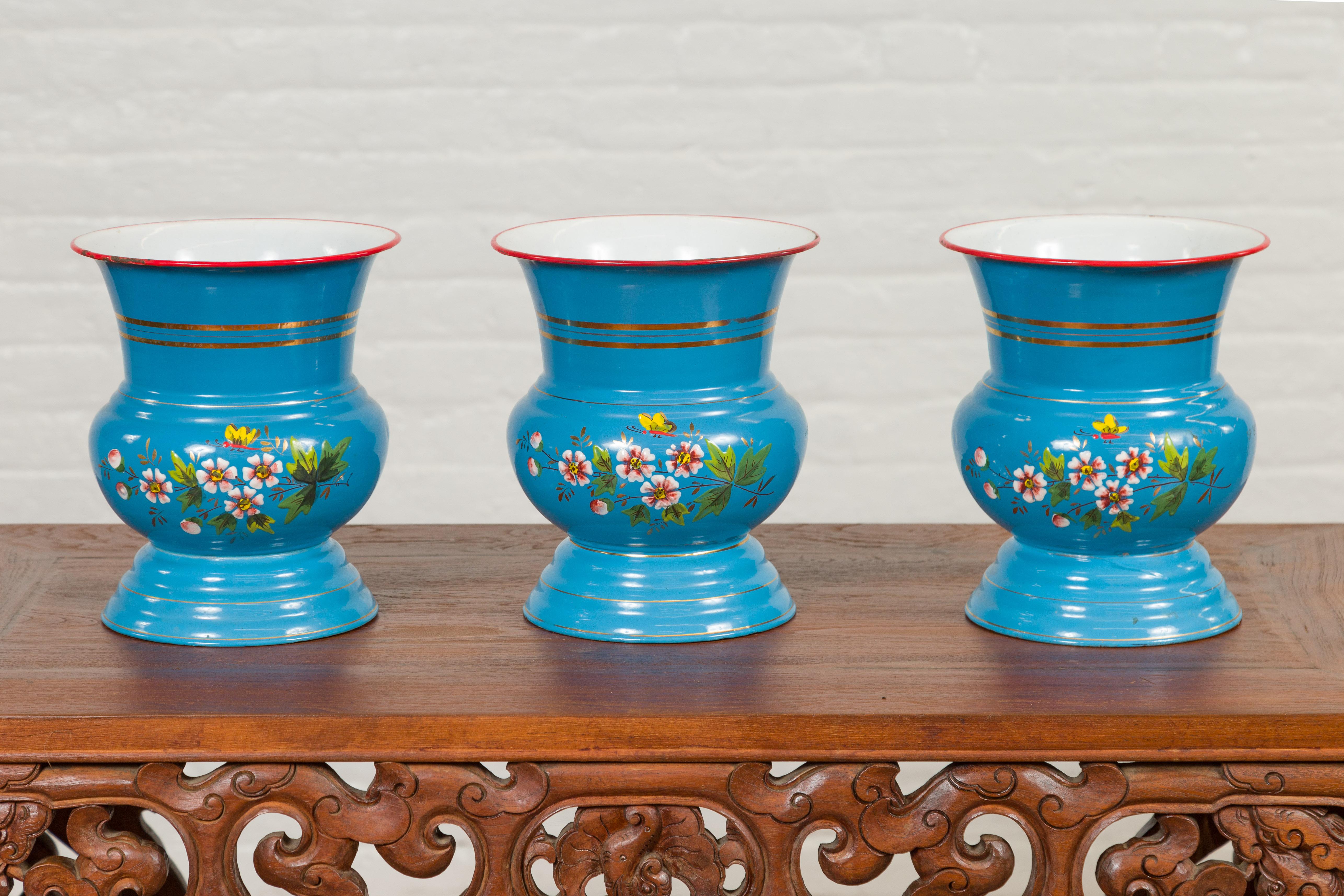 20th Century Blue Vases with Painted Floral and Butterfly Decor and Metal from Czechoslovakia For Sale