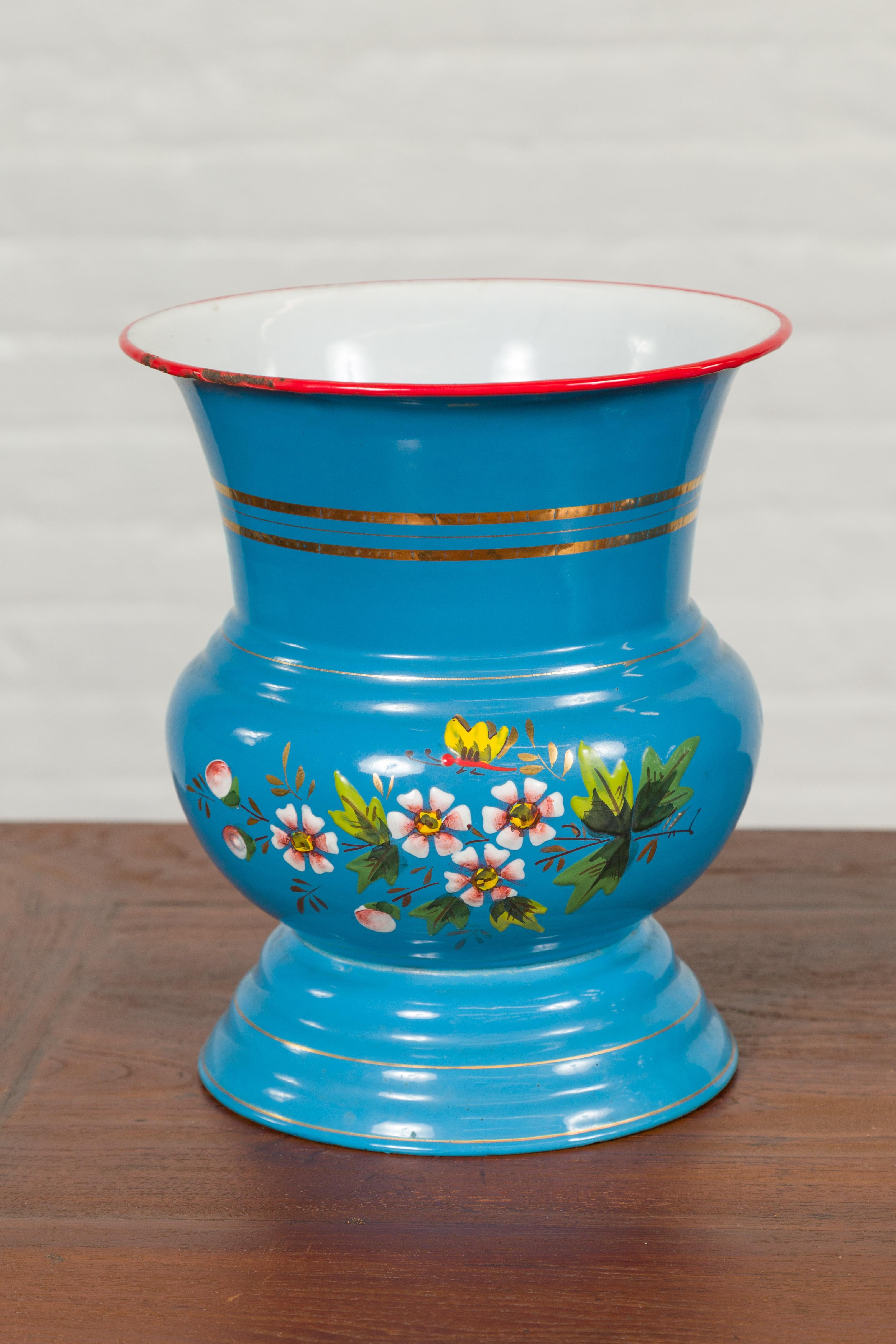 Blue Vases with Painted Floral and Butterfly Decor and Metal from Czechoslovakia For Sale 1