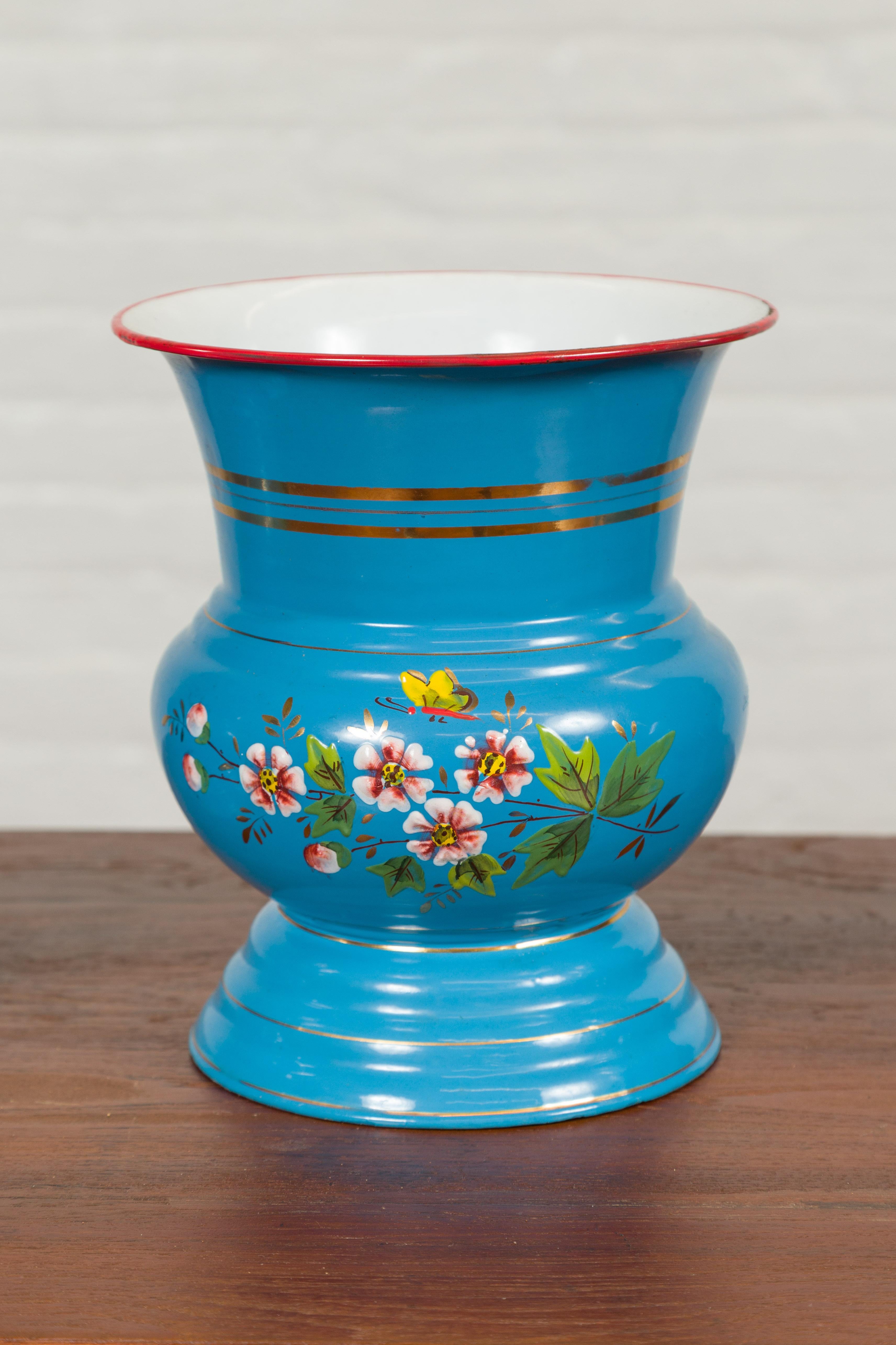 Blue Vases with Painted Floral and Butterfly Decor and Metal from Czechoslovakia For Sale 2