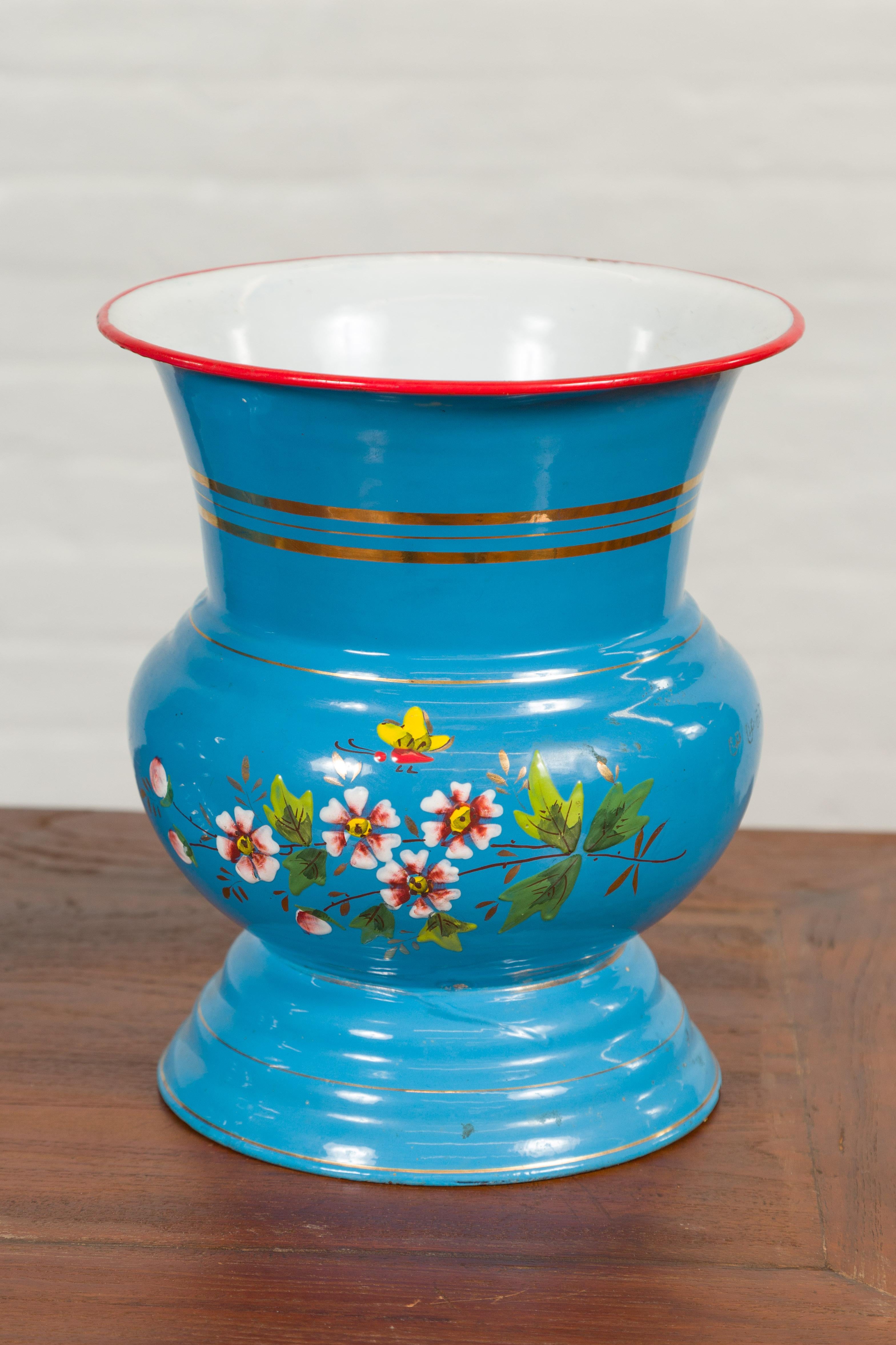 Blue Vases with Painted Floral and Butterfly Decor and Metal from Czechoslovakia For Sale 3
