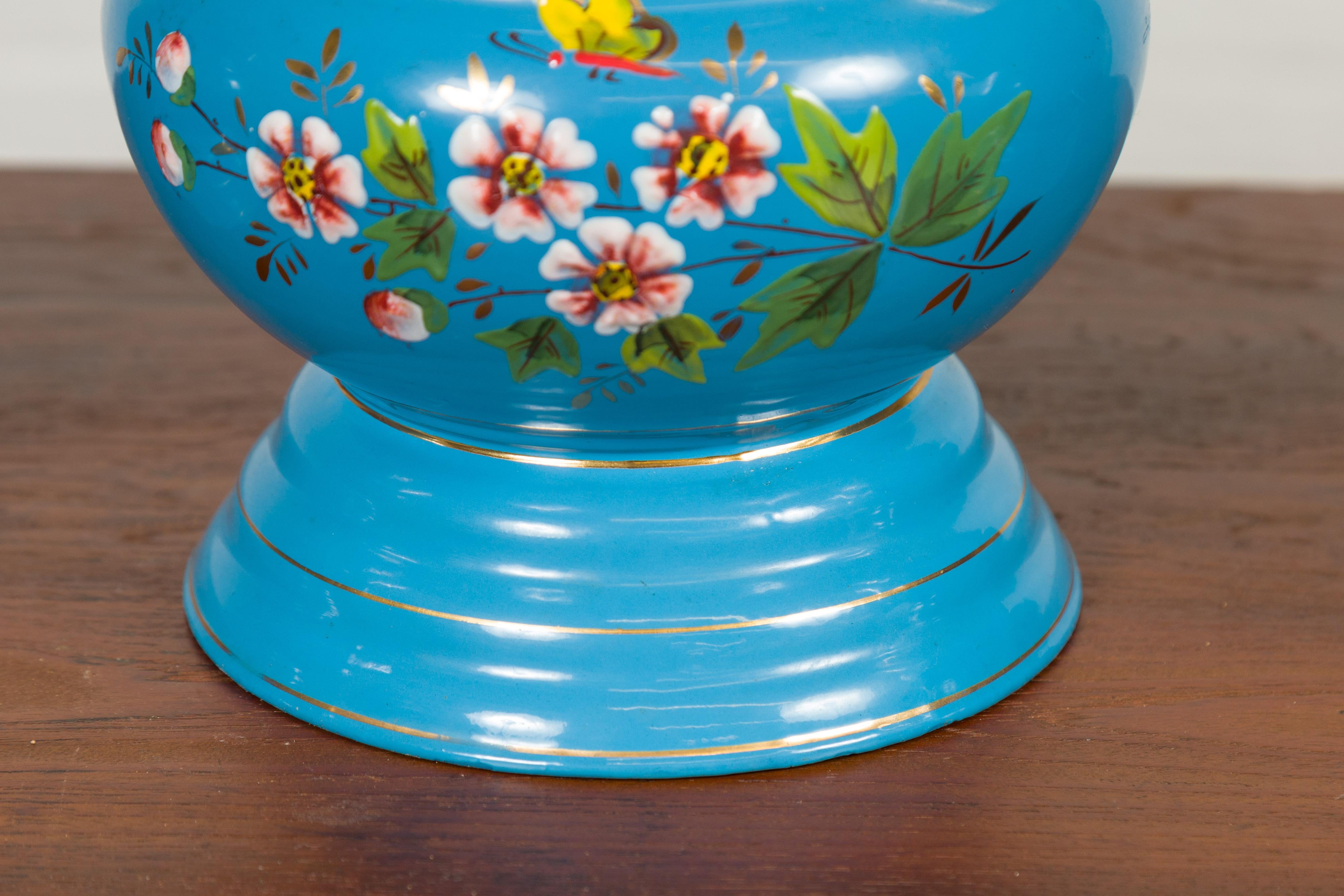 Blue Vases with Painted Floral and Butterfly Decor and Metal from Czechoslovakia For Sale 5