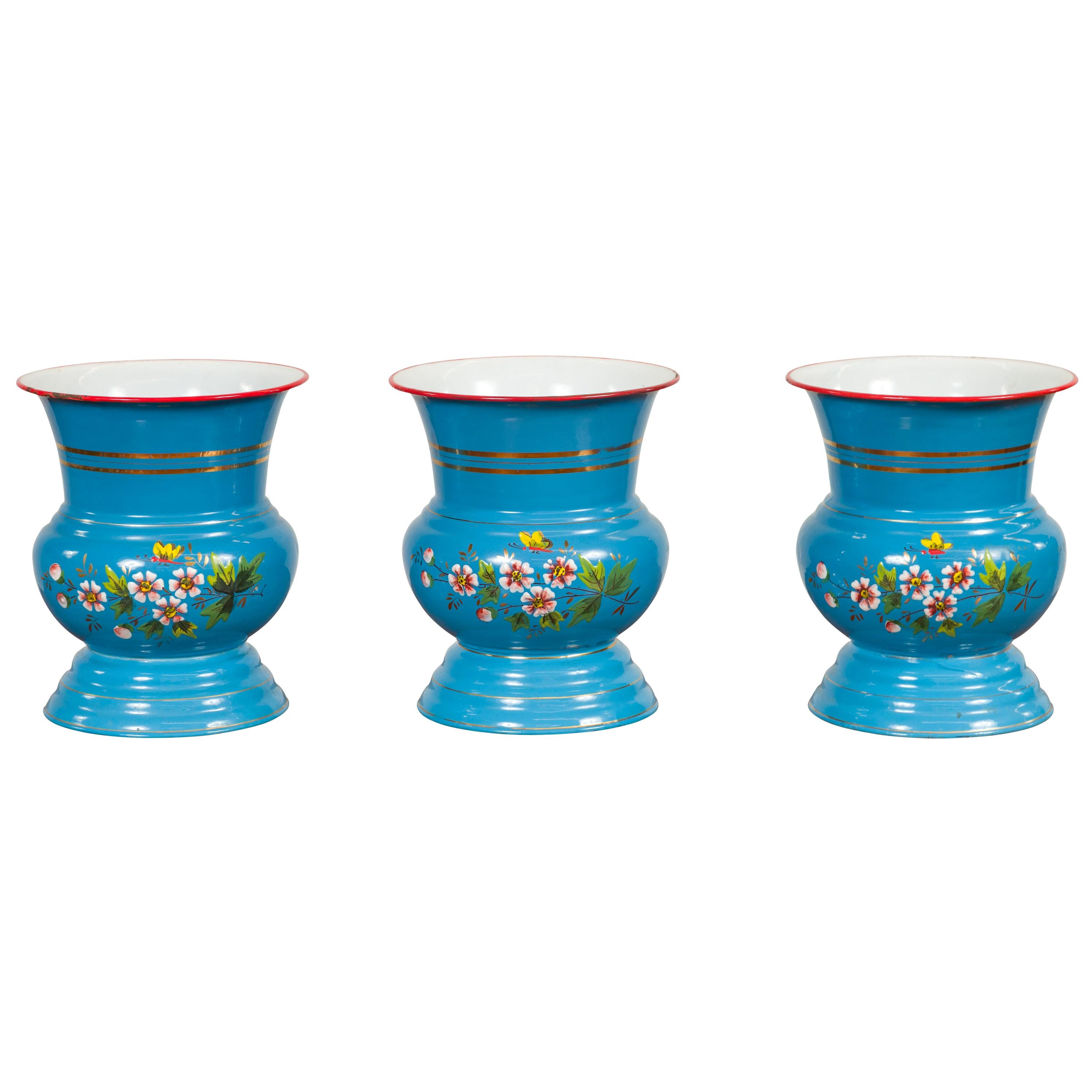 Blue Vases with Painted Floral and Butterfly Decor and Metal from Czechoslovakia