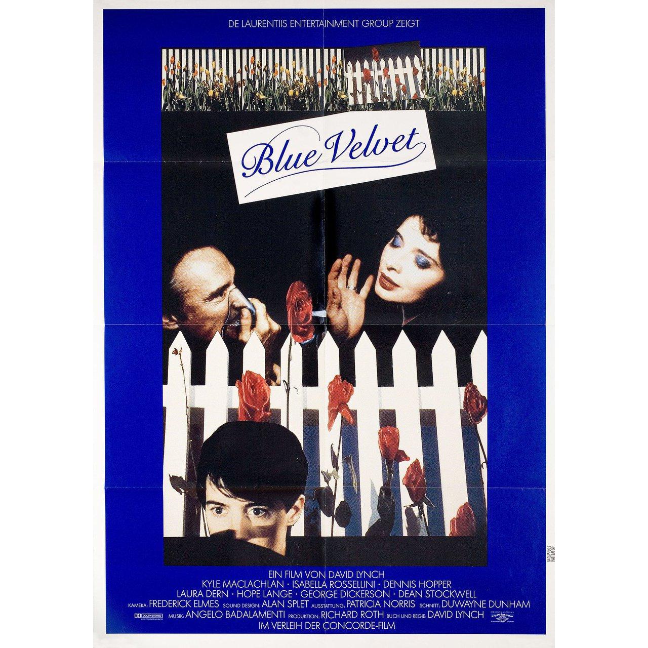 Original 1986 German A1 poster for the film Blue Velvet directed by David Lynch with Isabella Rossellini / Kyle MacLachlan / Dennis Hopper / Laura Dern. Fine condition, folded. Many original posters were issued folded or were subsequently folded.