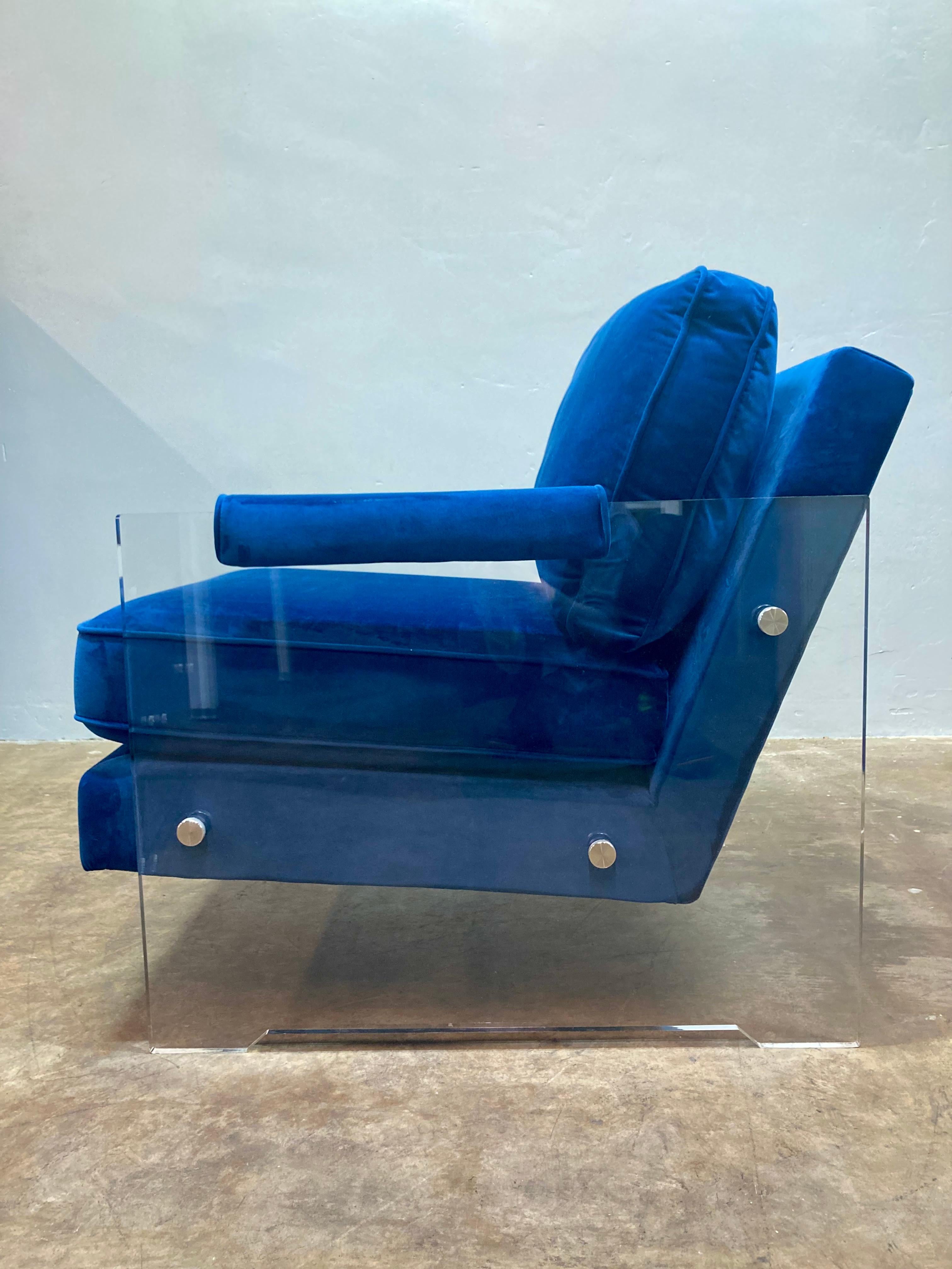 Blue Velvet & Acrylic Arm-Chairs In Good Condition For Sale In Alhambra, CA