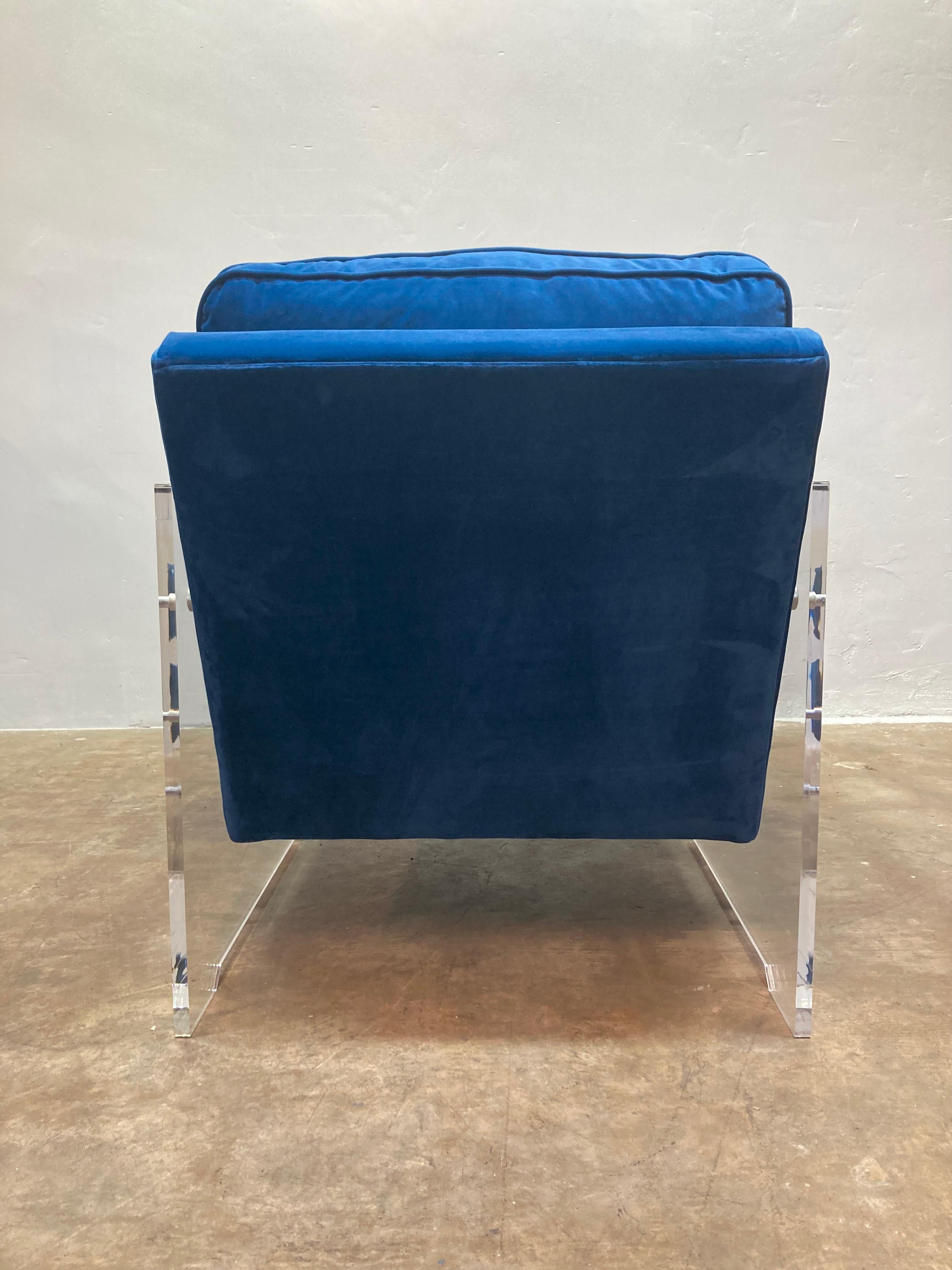 Contemporary Blue Velvet & Acrylic Arm-Chairs For Sale