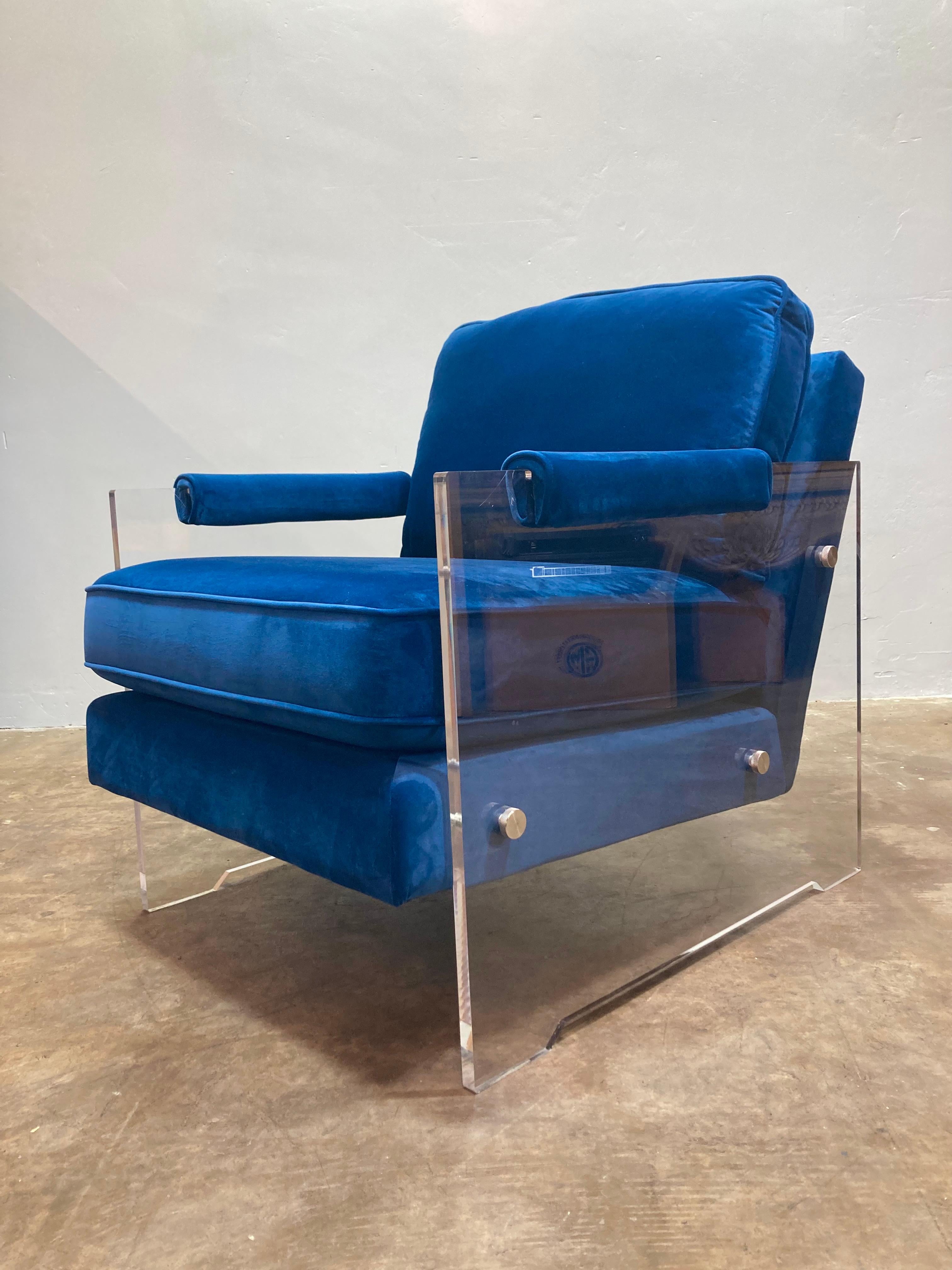 Blue Velvet & Acrylic Arm-Chairs For Sale 2