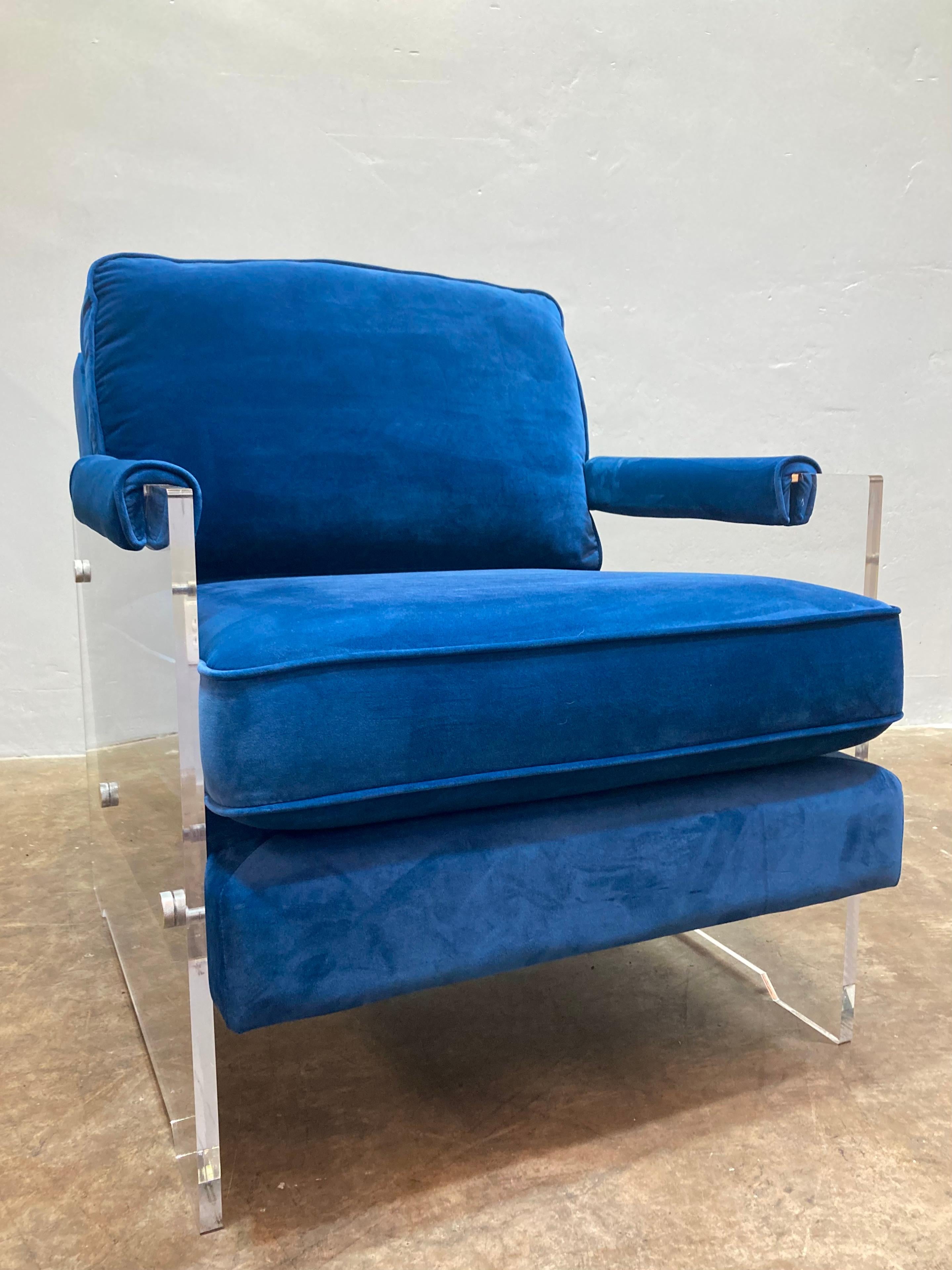 Blue Velvet & Acrylic Arm-Chairs For Sale 3