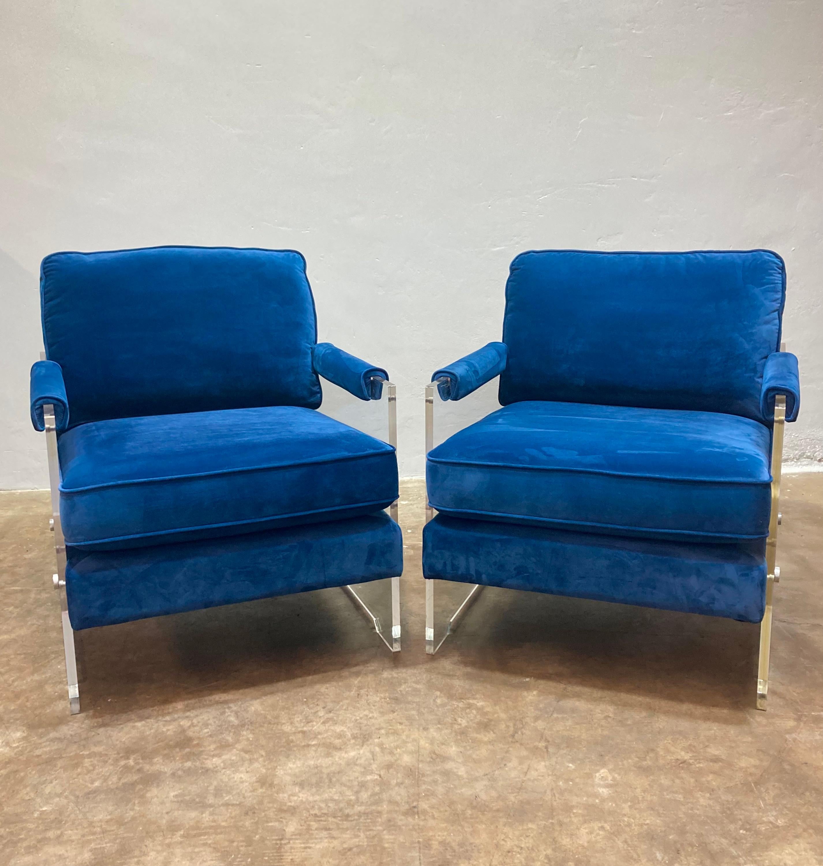 Blue Velvet & Acrylic Arm-Chairs For Sale 4