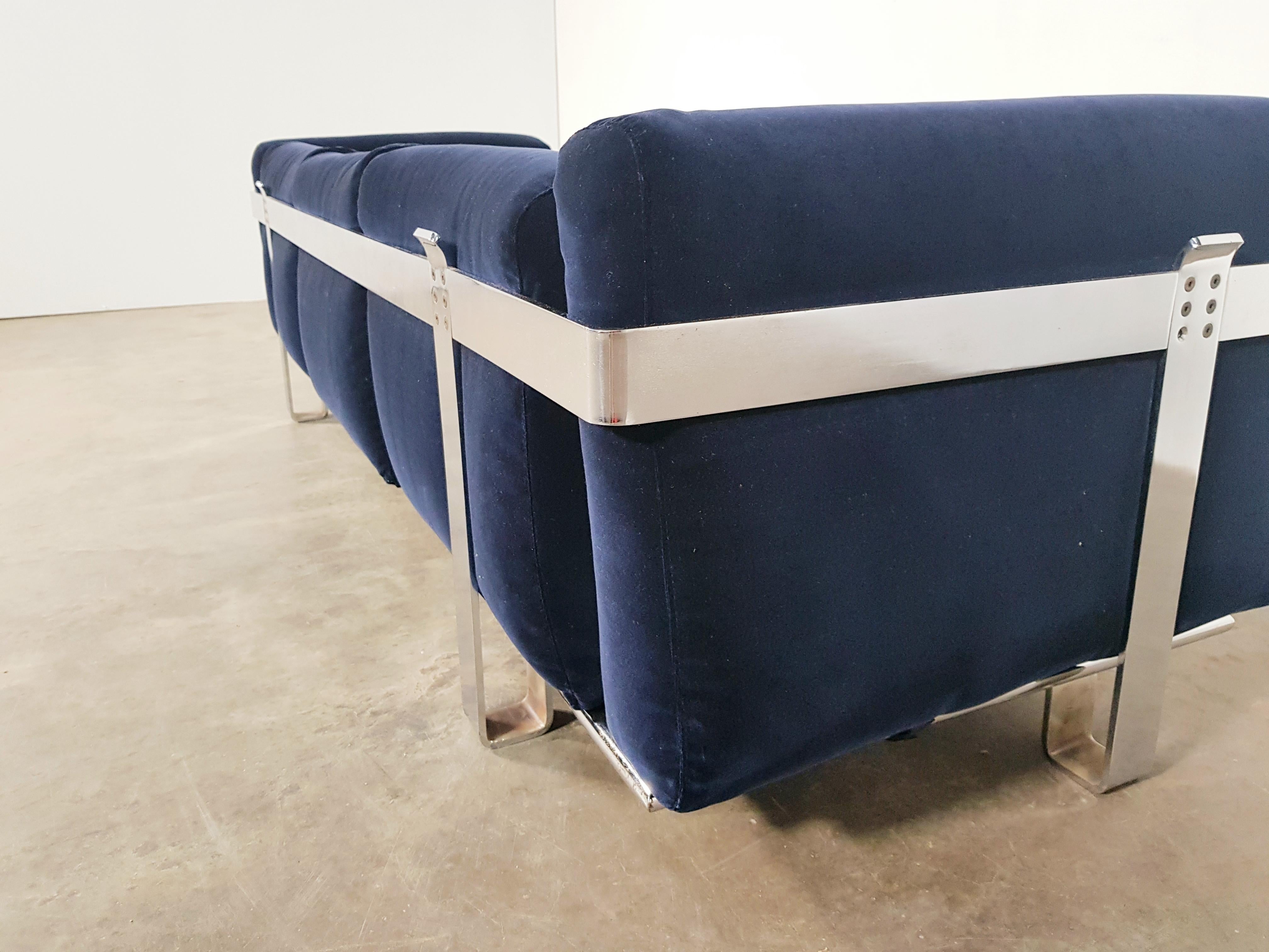 Blue Velvet and Chrome Sofa by Luigi Caccia Dominioni for Azucena, 1960s 1