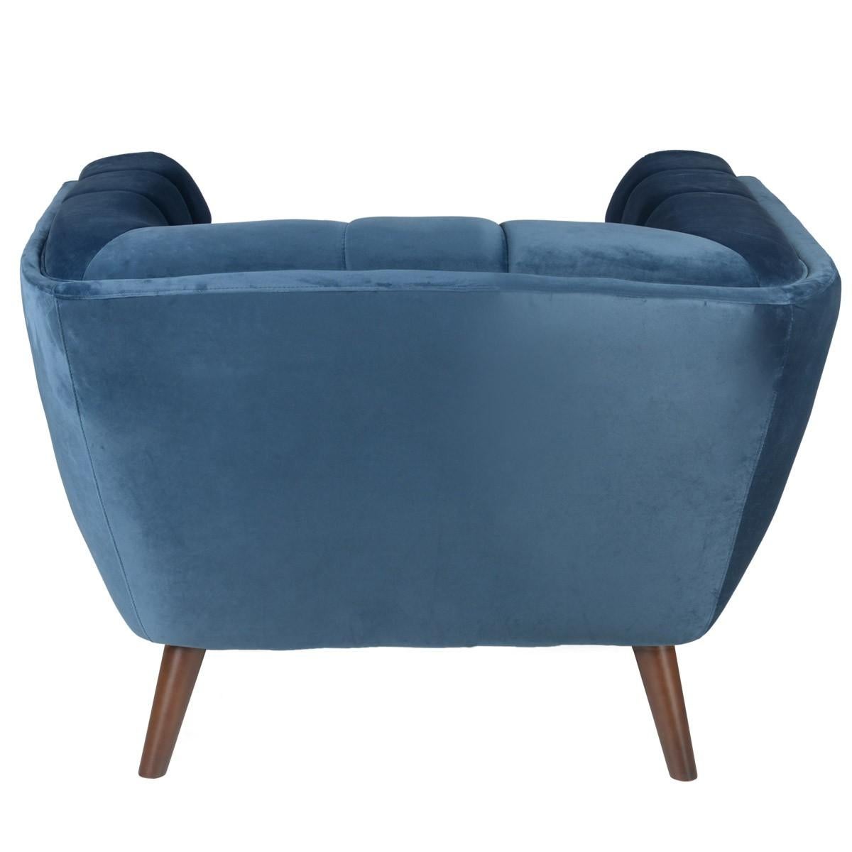 Blue Velvet And Wooden Feet Design Armchair In Excellent Condition For Sale In Tourcoing, FR