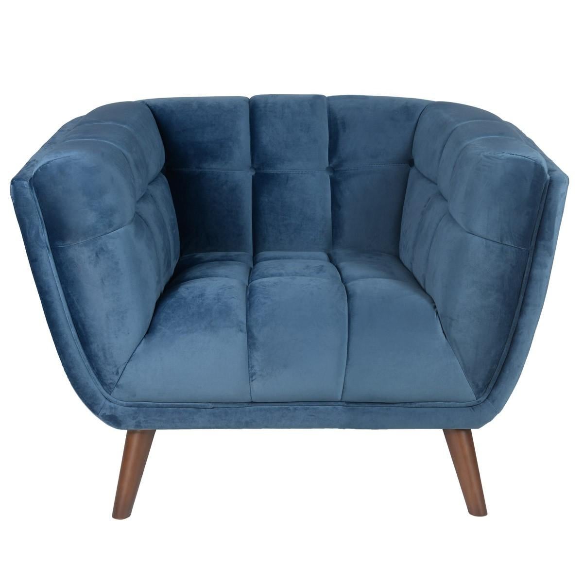 Blauer Sessel aus Samt und Holzfüßen im Design im Angebot 1