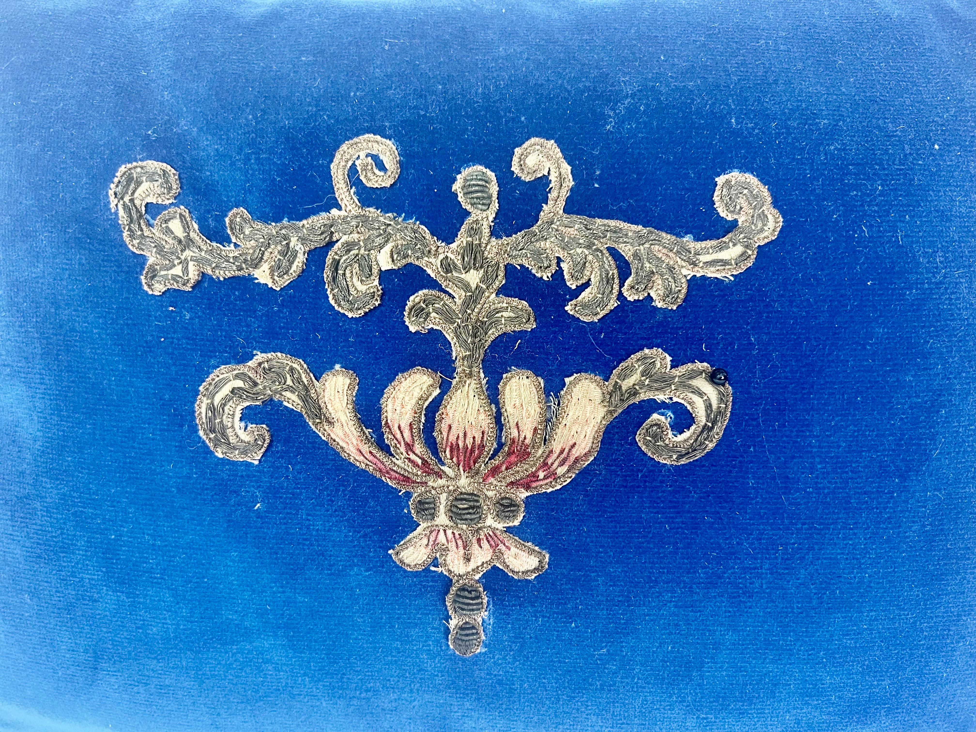 Rococo Blue Velvet Appliqué Accent Piilows by Melissa Levinson For Sale