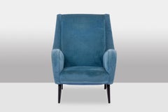 Blue velvet armchair, beech base. 1950s.