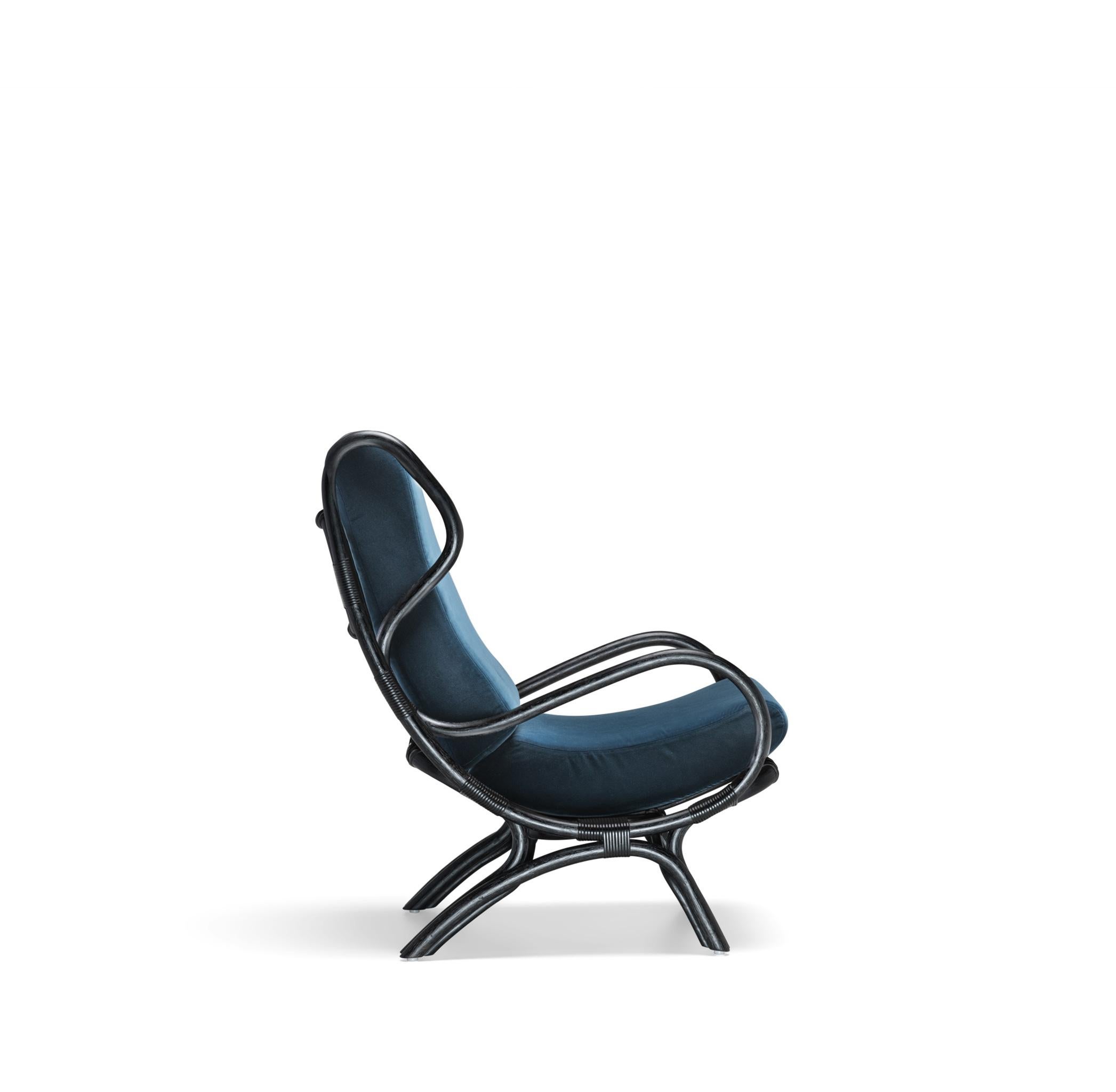 Modern Blue Velvet and Rattan Armchair Heritage design Molteni&C by Gio Ponti  D.163.7 For Sale