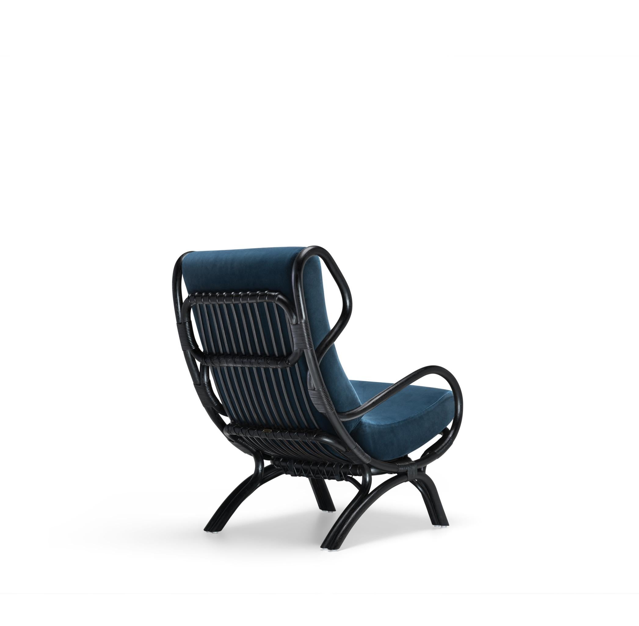 Italian Blue Velvet and Rattan Armchair Heritage design Molteni&C by Gio Ponti  D.163.7 For Sale