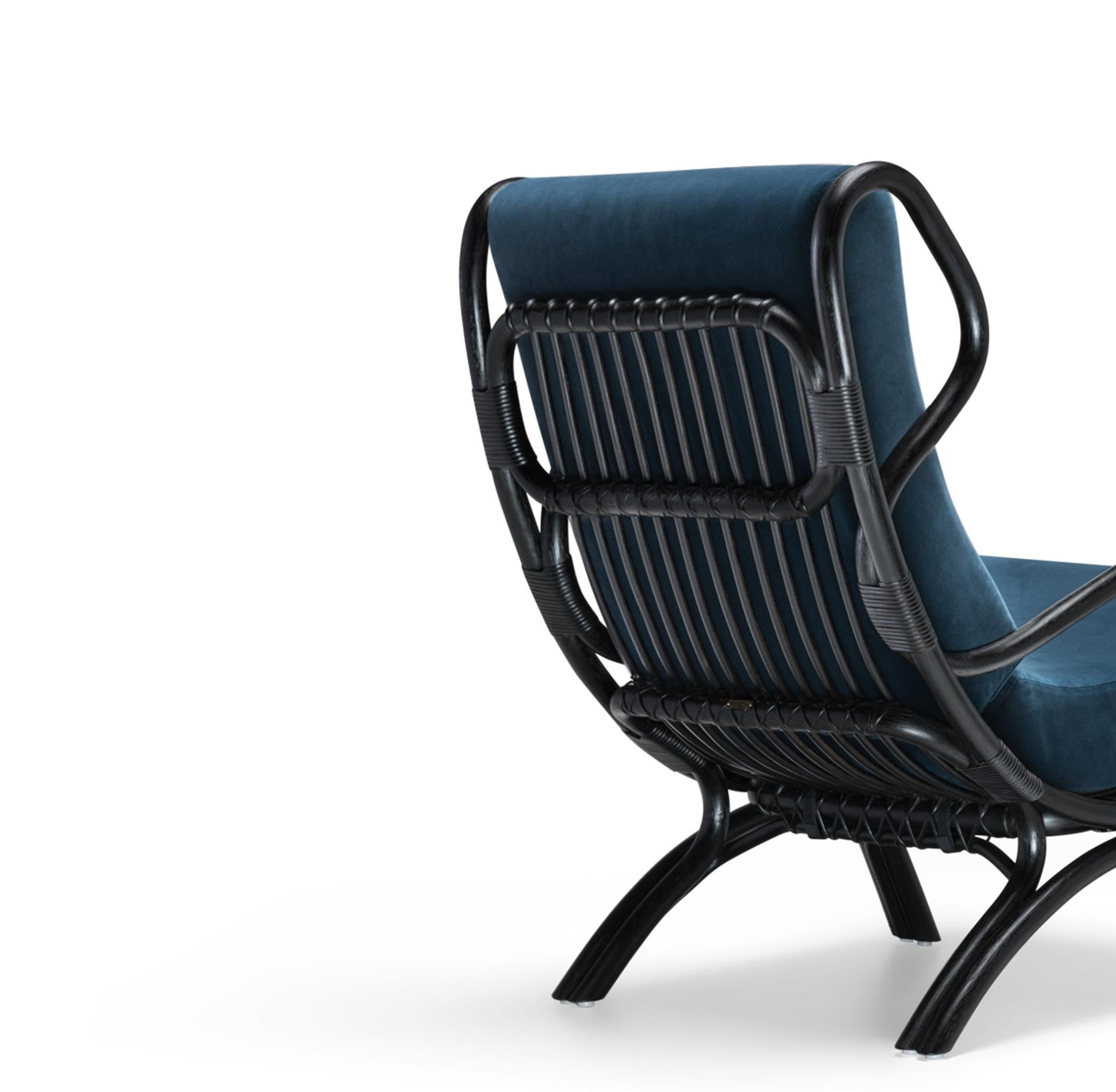 Blue Velvet and Rattan Armchair Heritage design Molteni&C by Gio Ponti  D.163.7 For Sale 1