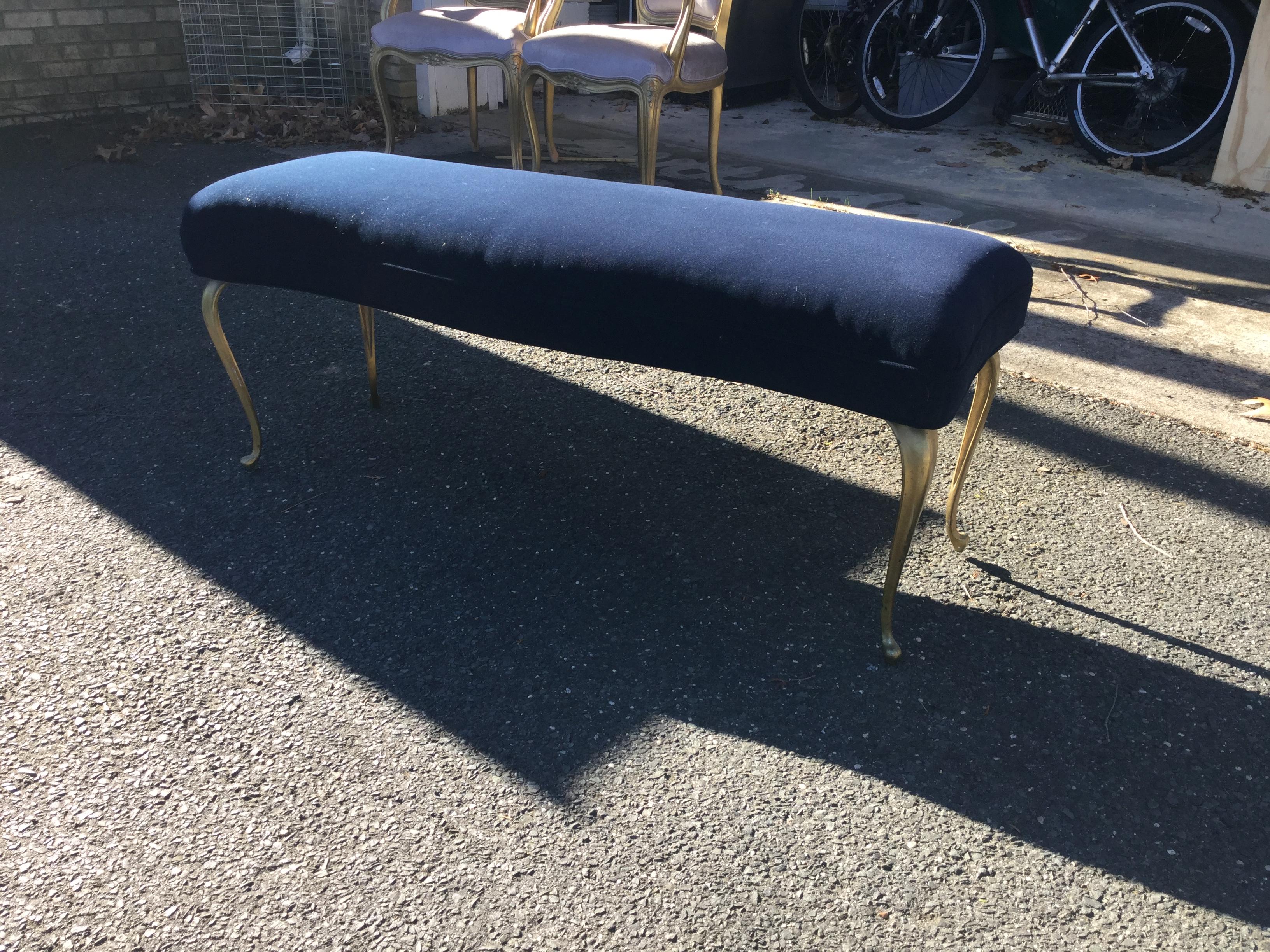American Blue Velvet and Brass Classical Bench