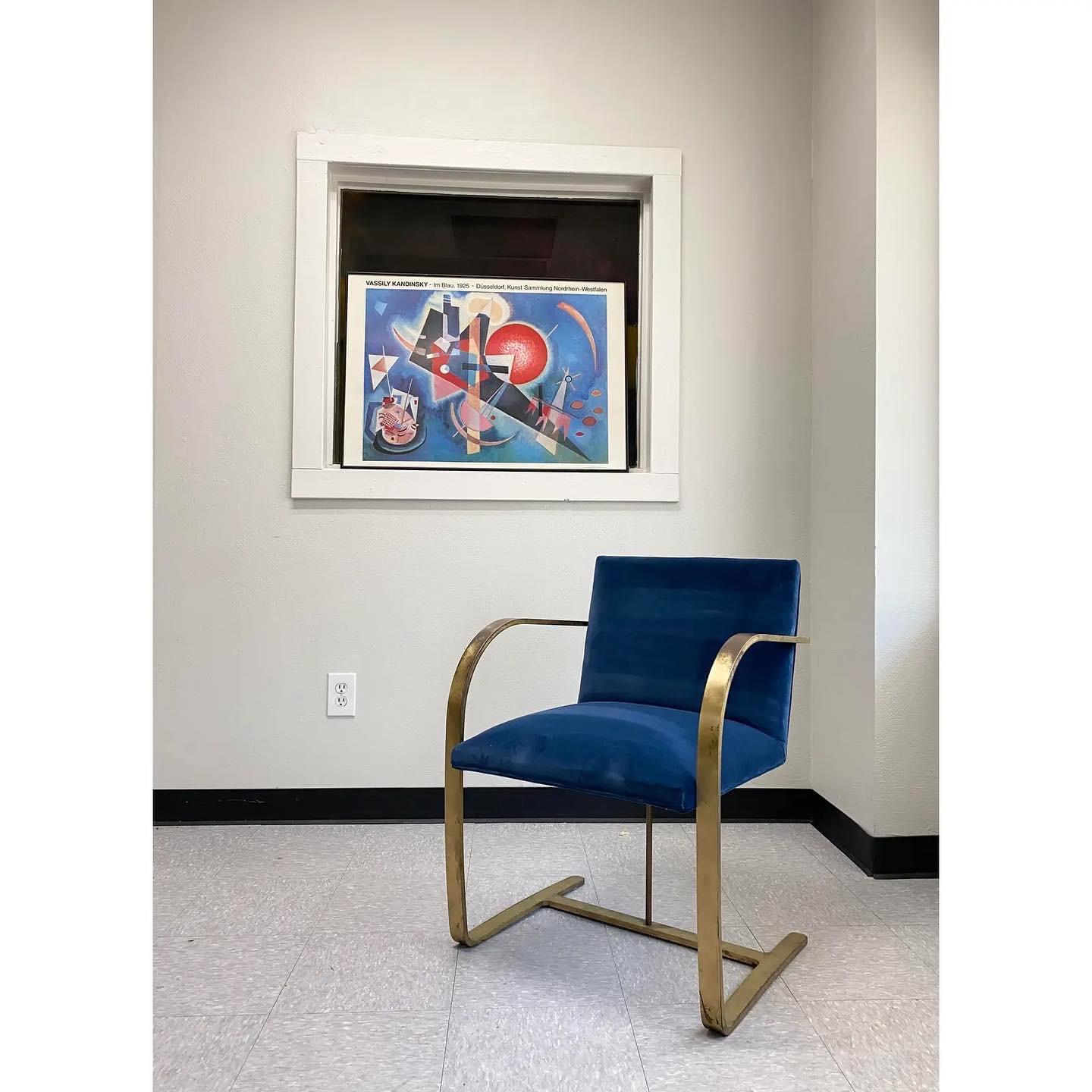 Blue Velvet Brass Mies Van Der Rohe Chairs, Set of 4 For Sale 3